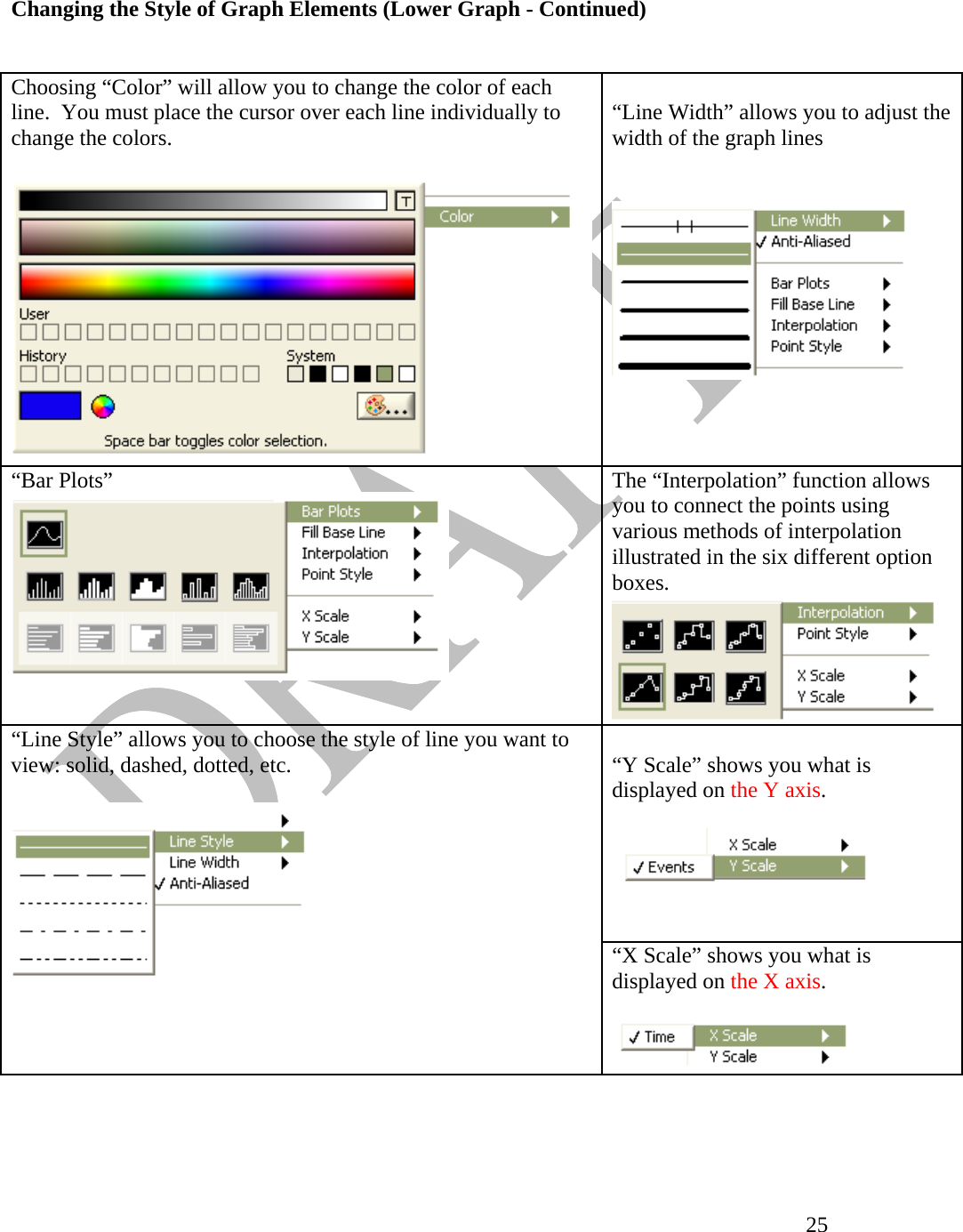   25 Changing the Style of Graph Elements (Lower Graph - Continued)   Choosing “Color” will allow you to change the color of each line.  You must place the cursor over each line individually to change the colors.    “Line Width” allows you to adjust the width of the graph lines     “Bar Plots”   The “Interpolation” function allows you to connect the points using various methods of interpolation illustrated in the six different option boxes.  “Y Scale” shows you what is displayed on the Y axis.      “Line Style” allows you to choose the style of line you want to view: solid, dashed, dotted, etc.    “X Scale” shows you what is displayed on the X axis.          