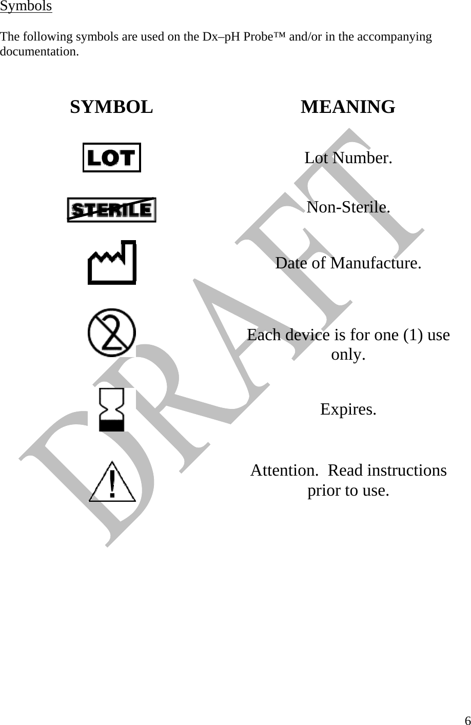   6Symbols   The following symbols are used on the Dx–pH Probe™ and/or in the accompanying documentation.   SYMBOL MEANING    Lot Number.   Non-Sterile.    Date of Manufacture.    Each device is for one (1) use only.   Expires.    Attention.  Read instructions prior to use.      