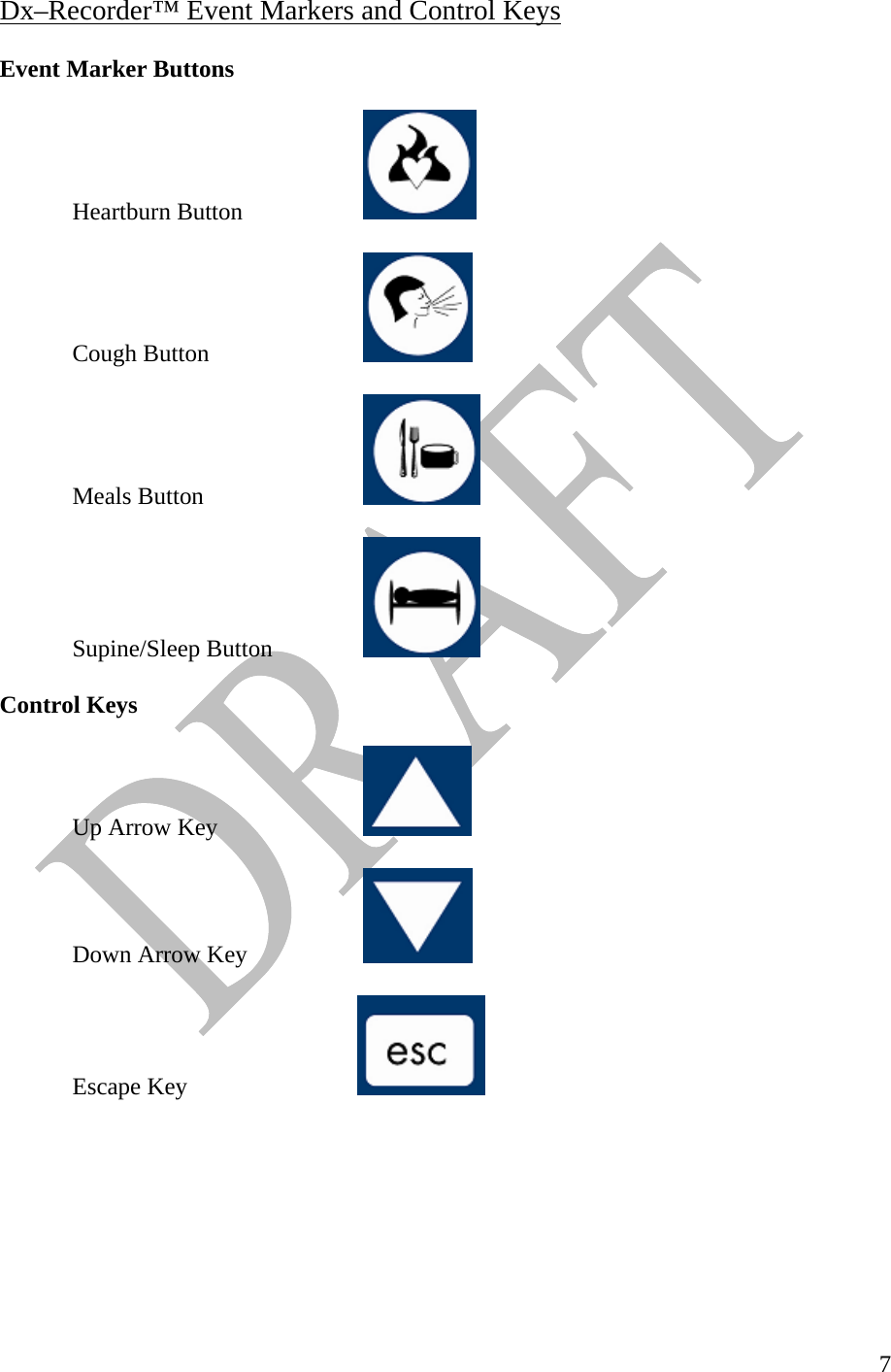   7Dx–Recorder™ Event Markers and Control Keys      Event Marker Buttons    Heartburn Button          Cough Button        Meals Button        Supine/Sleep Button      Control Keys    Up Arrow Key        Down Arrow Key                     Escape Key                   