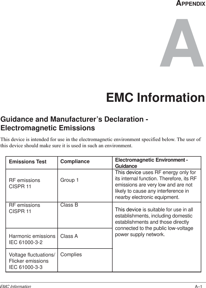 A–1EMC InformationAPPENDIXAEMC InformationGuidance and Manufacturer’s Declaration -Electromagnetic EmissionsThis device is intended for use in the electromagnetic environment specified below. The user ofthis device should make sure it is used in such an environment.Emissions TestRF emissionsCISPR 11RF emissionsCISPR 11Harmonic emissionsIEC 61000-3-2Voltage fluctuations/Flicker emissionsIEC 61000-3-3Electromagnetic Environment -GuidanceThis device uses RF energy only forits internal function. Therefore, its RFemissions are very low and are notlikely to cause any interference innearby electronic equipment.This device is suitable for use in allestablishments, including domesticestablishments and those directlyconnected to the public low-voltagepower supply network.ComplianceGroup 1Class BClass AComplies