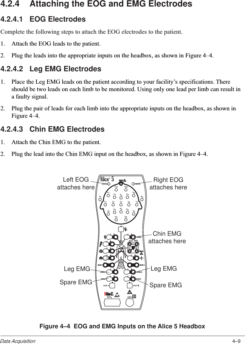 4–9Data Acquisition4.2.4 Attaching the EOG and EMG Electrodes4.2.4.1 EOG ElectrodesComplete the following steps to attach the EOG electrodes to the patient.1. Attach the EOG leads to the patient.2. Plug the leads into the appropriate inputs on the headbox, as shown in Figure 4–4.4.2.4.2 Leg EMG Electrodes1. Place the Leg EMG leads on the patient according to your facility’s specifications. Thereshould be two leads on each limb to be monitored. Using only one lead per limb can result ina faulty signal.2. Plug the pair of leads for each limb into the appropriate inputs on the headbox, as shown inFigure 4–4.4.2.4.3 Chin EMG Electrodes1. Attach the Chin EMG to the patient.2. Plug the lead into the Chin EMG input on the headbox, as shown in Figure 4–4.Spare EMG Spare EMGLeg EMG Leg EMGLeft EOGattaches here Right EOGattaches hereChin EMGattaches hereFigure 4–4  EOG and EMG Inputs on the Alice 5 Headbox