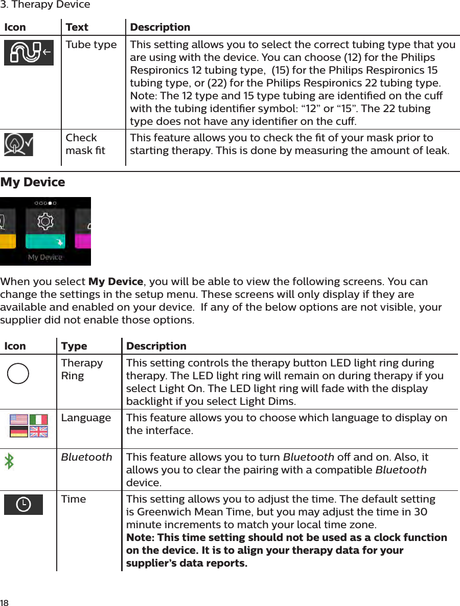 183. Therapy DeviceIcon Text DescriptionTube type This setting allows you to select the correct tubing type that you are using with the device. You can choose (12) for the Philips Respironics 12 tubing type,  (15) for the Philips Respironics 15 tubing type, or (22) for the Philips Respironics 22 tubing type. Note: The 12 type and 15 type tubing are identied on the cu with the tubing identier symbol: “12” or “15”. The 22 tubing type does not have any identier on the cu.Check mask tThis feature allows you to check the t of your mask prior to starting therapy. This is done by measuring the amount of leak.My Device When you select My Device, you will be able to view the following screens. You can change the settings in the setup menu. These screens will only display if they are available and enabled on your device.  If any of the below options are not visible, your supplier did not enable those options.Icon Type DescriptionTherapy RingThis setting controls the therapy button LED light ring during therapy. The LED light ring will remain on during therapy if you select Light On. The LED light ring will fade with the display backlight if you select Light Dims.Language This feature allows you to choose which language to display on the interface.Bluetooth This feature allows you to turn Bluetooth o and on. Also, it allows you to clear the pairing with a compatible Bluetooth device.Time This setting allows you to adjust the time. The default setting is Greenwich Mean Time, but you may adjust the time in 30 minute increments to match your local time zone.Note: This time setting should not be used as a clock function on the device. It is to align your therapy data for your supplier’s data reports.