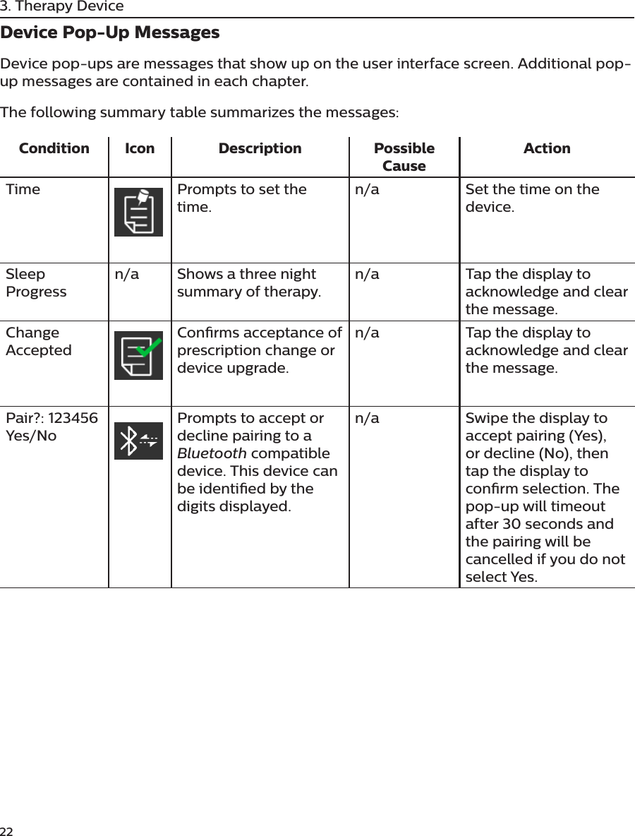 223. Therapy DeviceDevice Pop-Up MessagesDevice pop-ups are messages that show up on the user interface screen. Additional pop-up messages are contained in each chapter.The following summary table summarizes the messages:Condition Icon Description Possible CauseActionTime Prompts to set the time.n/a Set the time on the device.Sleep Progressn/a Shows a three night summary of therapy.n/a Tap the display to acknowledge and clear the message.Change AcceptedConrms acceptance of prescription change or device upgrade.n/a Tap the display to acknowledge and clear the message.Pair?: 123456 Yes/NoPrompts to accept or decline pairing to a Bluetooth compatible device. This device can be identied by the digits displayed.n/a Swipe the display to accept pairing (Yes), or decline (No), then tap the display to conrm selection. The pop-up will timeout after 30 seconds and the pairing will be cancelled if you do not select Yes.