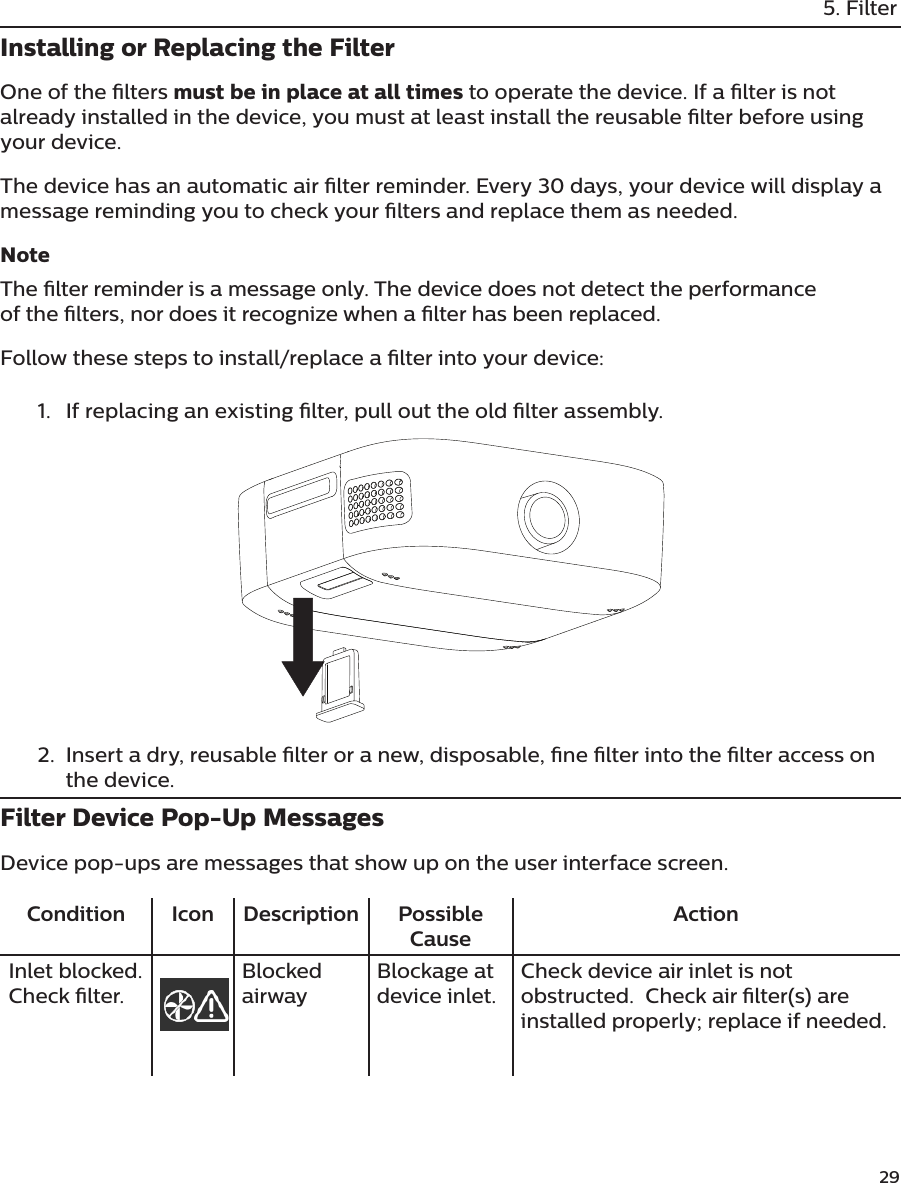              295. FilterInstalling or Replacing the FilterOne of the lters must be in place at all times to operate the device. If a lter is not already installed in the device, you must at least install the reusable lter before using your device. The device has an automatic air lter reminder. Every 30 days, your device will display a message reminding you to check your lters and replace them as needed.NoteThe lter reminder is a message only. The device does not detect the performance of the lters, nor does it recognize when a lter has been replaced.Follow these steps to install/replace a lter into your device: 1.  If replacing an existing lter, pull out the old lter assembly.2.  Insert a dry, reusable lter or a new, disposable, ne lter into the lter access on the device.Filter Device Pop-Up Messages Device pop-ups are messages that show up on the user interface screen. Condition Icon Description Possible CauseActionInlet blocked. Check lter.Blocked airwayBlockage at device inlet.Check device air inlet is not obstructed.  Check air lter(s) are installed properly; replace if needed.