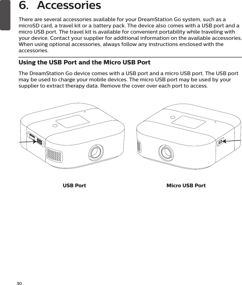 30There are several accessories available for your DreamStation Go system, such as a microSD card, a travel kit or a battery pack. The device also comes with a USB port and a micro USB port. The travel kit is available for convenient portability while traveling with your device. Contact your supplier for additional information on the available accessories. When using optional accessories, always follow any instructions enclosed with the accessories.Using the USB Port and the Micro USB PortThe DreamStation Go device comes with a USB port and a micro USB port. The USB port may be used to charge your mobile devices. The micro USB port may be used by your supplier to extract therapy data. Remove the cover over each port to access.USB Port Micro USB Port6. Accessories