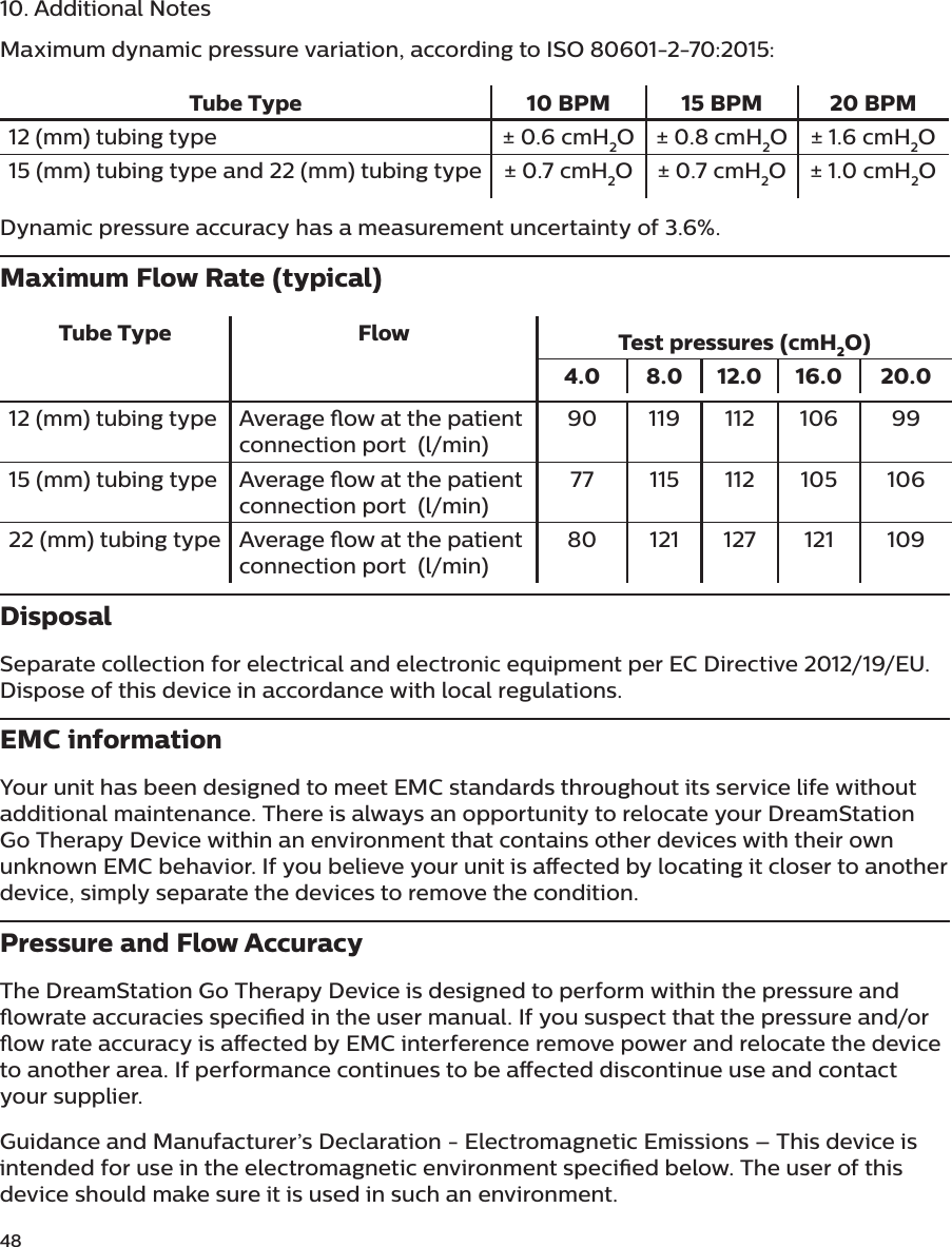 4810. Additional NotesMaximum dynamic pressure variation, according to ISO 80601-2-70:2015: Tube Type 10 BPM 15 BPM 20 BPM12 (mm) tubing type  ± 0.6 cmH2O ± 0.8 cmH2O ± 1.6 cmH2O15 (mm) tubing type and 22 (mm) tubing type ± 0.7 cmH2O ± 0.7 cmH2O ± 1.0 cmH2ODynamic pressure accuracy has a measurement uncertainty of 3.6%.Maximum Flow Rate (typical)Tube Type Flow Test pressures (cmH2O)4.0 8.0 12.0 16.0 20.012 (mm) tubing type Average ow at the patient connection port  (l/min)90 119 112 106 9915 (mm) tubing type Average ow at the patient connection port  (l/min)77 115 112 105 10622 (mm) tubing type Average ow at the patient connection port  (l/min)80 121 127 121 109DisposalSeparate collection for electrical and electronic equipment per EC Directive 2012/19/EU. Dispose of this device in accordance with local regulations.EMC informationYour unit has been designed to meet EMC standards throughout its service life without additional maintenance. There is always an opportunity to relocate your DreamStation Go Therapy Device within an environment that contains other devices with their own unknown EMC behavior. If you believe your unit is aected by locating it closer to another device, simply separate the devices to remove the condition.Pressure and Flow AccuracyThe DreamStation Go Therapy Device is designed to perform within the pressure and owrate accuracies specied in the user manual. If you suspect that the pressure and/or ow rate accuracy is aected by EMC interference remove power and relocate the device to another area. If performance continues to be aected discontinue use and contact your supplier.Guidance and Manufacturer’s Declaration - Electromagnetic Emissions – This device is intended for use in the electromagnetic environment specied below. The user of this device should make sure it is used in such an environment.