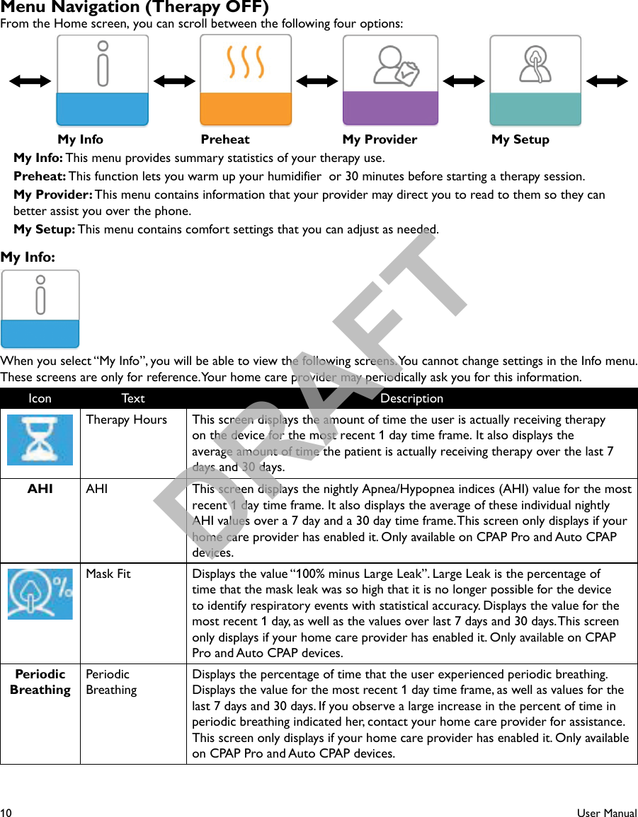 10User ManualMenu Navigation (Therapy OFF)From the Home screen, you can scroll between the following four options:   My Info   Preheat   My Provider   My SetupMy Info: This menu provides summary statistics of your therapy use.Preheat: This function lets you warm up your humidifier  or 30 minutes before starting a therapy session.My Provider: This menu contains information that your provider may direct you to read to them so they can better assist you over the phone.My Setup: This menu contains comfort settings that you can adjust as needed.My Info:When you select “My Info”, you will be able to view the following screens. You cannot change settings in the Info menu. These screens are only for reference. Your home care provider may periodically ask you for this information. Icon Text DescriptionTherapy Hours This screen displays the amount of time the user is actually receiving therapy on the device for the most recent 1 day time frame. It also displays the average amount of time the patient is actually receiving therapy over the last 7 days and 30 days.AHI AHI This screen displays the nightly Apnea/Hypopnea indices (AHI) value for the most recent 1 day time frame. It also displays the average of these individual nightly AHI values over a 7 day and a 30 day time frame. This screen only displays if your home care provider has enabled it. Only available on CPAP Pro and Auto CPAP devices.Mask Fit Displays the value “100% minus Large Leak”. Large Leak is the percentage of time that the mask leak was so high that it is no longer possible for the device to identify respiratory events with statistical accuracy. Displays the value for the most recent 1 day, as well as the values over last 7 days and 30 days. This screen only displays if your home care provider has enabled it. Only available on CPAP Pro and Auto CPAP devices.Periodic BreathingPeriodic BreathingDisplays the percentage of time that the user experienced periodic breathing. Displays the value for the most recent 1 day time frame, as well as values for the last 7 days and 30 days. If you observe a large increase in the percent of time in periodic breathing indicated her, contact your home care provider for assistance. This screen only displays if your home care provider has enabled it. Only available on CPAP Pro and Auto CPAP devices.DRAFT