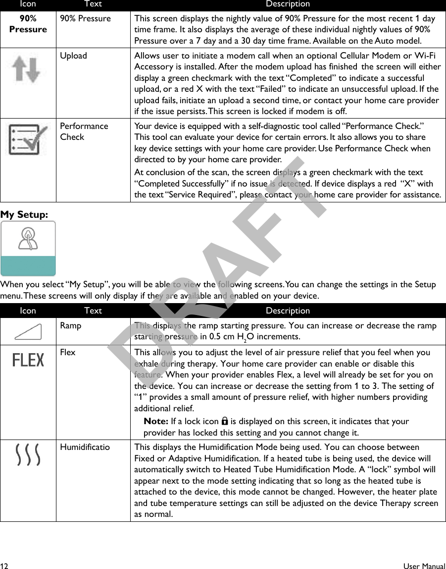 12User ManualIcon Text Description90% Pressure90% Pressure This screen displays the nightly value of 90% Pressure for the most recent 1 day time frame. It also displays the average of these individual nightly values of 90% Pressure over a 7 day and a 30 day time frame. Available on the Auto model.Upload Allows user to initiate a modem call when an optional Cellular Modem or Wi-Fi Accessory is installed. After the modem upload has finished  the screen will either display a green checkmark with the text “Completed” to indicate a successful upload, or a red X with the text “Failed” to indicate an unsuccessful upload. If the upload fails, initiate an upload a second time, or contact your home care provider if the issue persists. This screen is locked if modem is off.Performance CheckYour device is equipped with a self-diagnostic tool called “Performance Check.” This tool can evaluate your device for certain errors. It also allows you to share key device settings with your home care provider. Use Performance Check when directed to by your home care provider. At conclusion of the scan, the screen displays a green checkmark with the text “Completed Successfully” if no issue is detected. If device displays a red  “X” with the text “Service Required”, please contact your home care provider for assistance.My Setup:When you select “My Setup”, you will be able to view the following screens. You can change the settings in the Setup menu. These screens will only display if they are available and enabled on your device. Icon Text DescriptionRamp This displays the ramp starting pressure. You can increase or decrease the ramp starting pressure in 0.5 cm H2O increments.Flex This allows you to adjust the level of air pressure relief that you feel when you exhale during therapy. Your home care provider can enable or disable this feature. When your provider enables Flex, a level will already be set for you on the device. You can increase or decrease the setting from 1 to 3. The setting of “1” provides a small amount of pressure relief, with higher numbers providing additional relief.Note: If a lock icon   is displayed on this screen, it indicates that your provider has locked this setting and you cannot change it.Humidificatio This displays the Humidification Mode being used. You can choose betweenFixed or Adaptive Humidification. If a heated tube is being used, the device willautomatically switch to Heated Tube Humidification Mode. A “lock” symbol willappear next to the mode setting indicating that so long as the heated tube is attached to the device, this mode cannot be changed. However, the heater plate and tube temperature settings can still be adjusted on the device Therapy screen as normal.DRAFT