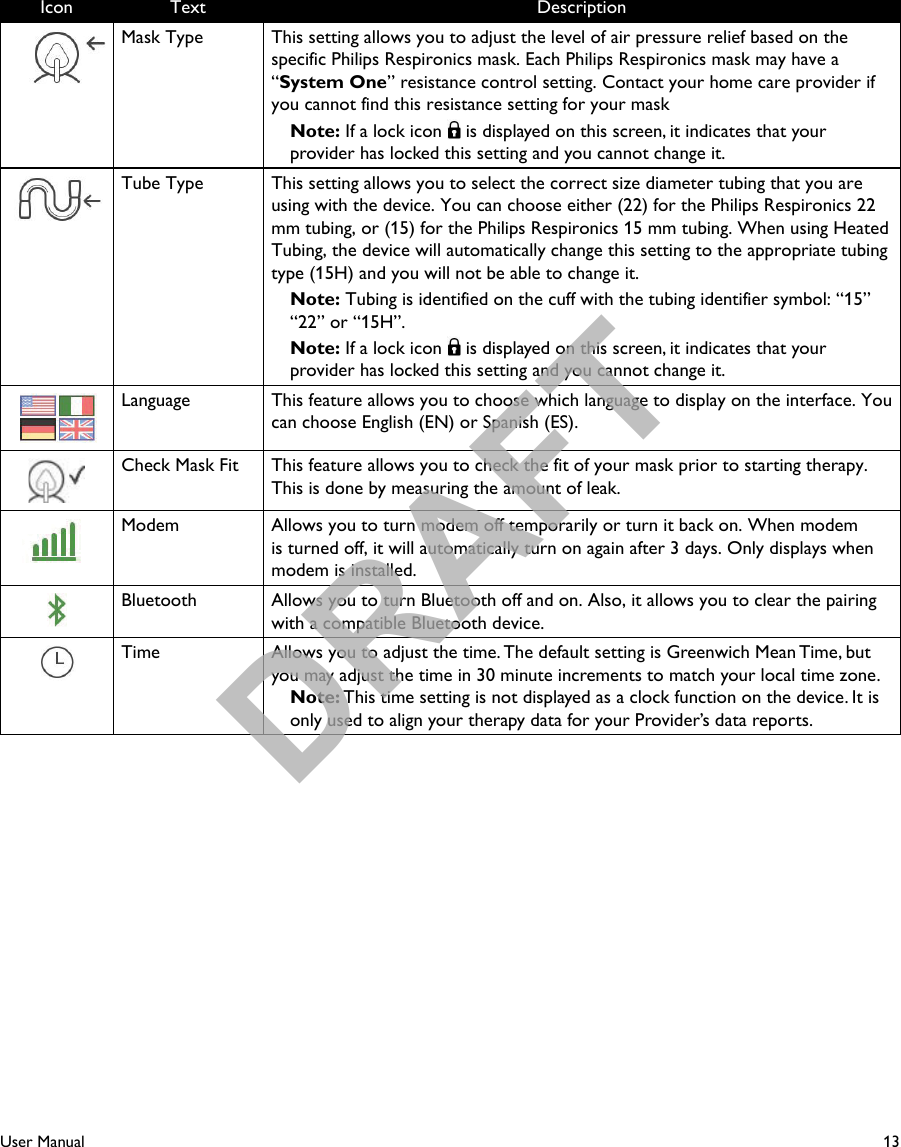 13User ManualIcon Text DescriptionMask Type This setting allows you to adjust the level of air pressure relief based on the specific Philips Respironics mask. Each Philips Respironics mask may have a“System One” resistance control setting. Contact your home care provider if you cannot find this resistance setting for your maskNote: If a lock icon   is displayed on this screen, it indicates that your provider has locked this setting and you cannot change it.Tube Type This setting allows you to select the correct size diameter tubing that you are using with the device. You can choose either (22) for the Philips Respironics 22 mm tubing, or (15) for the Philips Respironics 15 mm tubing. When using Heated Tubing, the device will automatically change this setting to the appropriate tubing type (15H) and you will not be able to change it.Note: Tubing is identified on the cuff with the tubing identifier symbol: “15”“22” or “15H”.Note: If a lock icon   is displayed on this screen, it indicates that your provider has locked this setting and you cannot change it.Language This feature allows you to choose which language to display on the interface. You can choose English (EN) or Spanish (ES).Check Mask Fit This feature allows you to check the fit of your mask prior to starting therapy.This is done by measuring the amount of leak. Modem Allows you to turn modem off temporarily or turn it back on. When modem is turned off, it will automatically turn on again after 3 days. Only displays when modem is installed.Bluetooth Allows you to turn Bluetooth off and on. Also, it allows you to clear the pairing with a compatible Bluetooth device.Time Allows you to adjust the time. The default setting is Greenwich Mean Time, but you may adjust the time in 30 minute increments to match your local time zone.Note: This time setting is not displayed as a clock function on the device. It is only used to align your therapy data for your Provider’s data reports.DRAFT