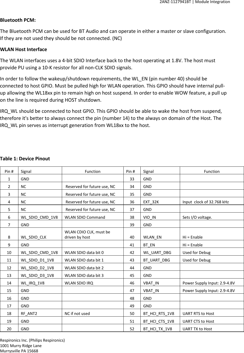     2ANZ-1127941BT | Module Integration    Respironics Inc. (Philips Respironics) 1001 Murry Ridge Lane Murrysville PA 15668 Bluetooth PCM:  The Bluetooth PCM can be used for BT Audio and can operate in either a master or slave configuration. If they are not used they should be not connected. (NC) WLAN Host Interface The WLAN interfaces uses a 4-bit SDIO Interface back to the host operating at 1.8V. The host must provide PU using a 10-K resistor for all non-CLK SDIO signals. In order to follow the wakeup/shutdown requirements, the WL_EN (pin number 40) should be connected to host GPIO. Must be pulled high for WLAN operation. This GPIO should have internal pull-up allowing the WL18xx pin to remain high on host suspend. In order to enable WOW feature, a pull up on the line is required during HOST shutdown. IRQ_WL should be connected to host GPIO. This GPIO should be able to wake the host from suspend, therefore it&apos;s better to always connect the pin (number 14) to the always on domain of the Host. The IRQ_WL pin serves as interrupt generation from WL18xx to the host.   Table 1: Device Pinout Pin # Signal Function Pin # Signal Function 1 GND   33 GND   2 NC  Reserved for future use, NC 34 GND   3 NC  Reserved for future use, NC 35 GND   4 NC  Reserved for future use, NC 36 EXT_32K Input  clock of 32.768 kHz 5 NC  Reserved for future use, NC 37 GND   6 WL_SDIO_CMD_1V8 WLAN SDIO Command 38 VIO_IN Sets I/O voltage.  7 GND   39 GND   8 WL_SDIO_CLK WLAN CDIO CLK, must be driven by host 40 WLAN_EN Hi = Enable 9 GND   41 BT_EN Hi = Enable 10 WL_SDIO_CMD_1V8 WLAN SDIO data bit 0 42 WL_UART_DBG Used for Debug 11 WL_SDIO_D1_1V8 WLAN SDIO data bit 1 43 BT_UART_DBG Used for Debug 12 WL_SDIO_D2_1V8 WLAN SDIO data bit 2 44 GND   13 WL_SDIO_D3_1V8 WLAN SDIO data bit 3 45 GND   14 WL_IRQ_1V8 WLAN SDIO IRQ 46 VBAT_IN Power Supply Input: 2.9-4.8V 15 GND   47 VBAT_IN Power Supply Input: 2.9-4.8V 16 GND   48 GND   17 GND   49 GND   18 RF_ANT2 NC if not used 50 BT_HCI_RTS_1V8 UART RTS to Host 19 GND   51 BT_HCI_CTS_1V8 UART CTS to Host 20 GND   52 BT_HCI_TX_1V8 UART TX to Host 