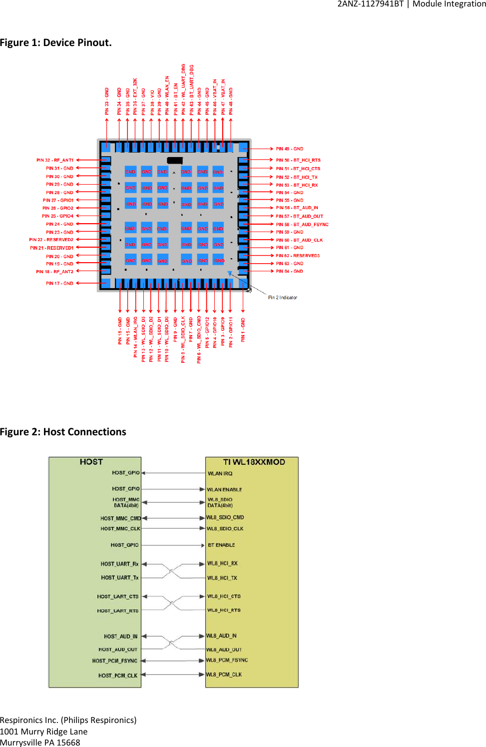     2ANZ-1127941BT | Module Integration    Respironics Inc. (Philips Respironics) 1001 Murry Ridge Lane Murrysville PA 15668 Figure 1: Device Pinout.    Figure 2: Host Connections  