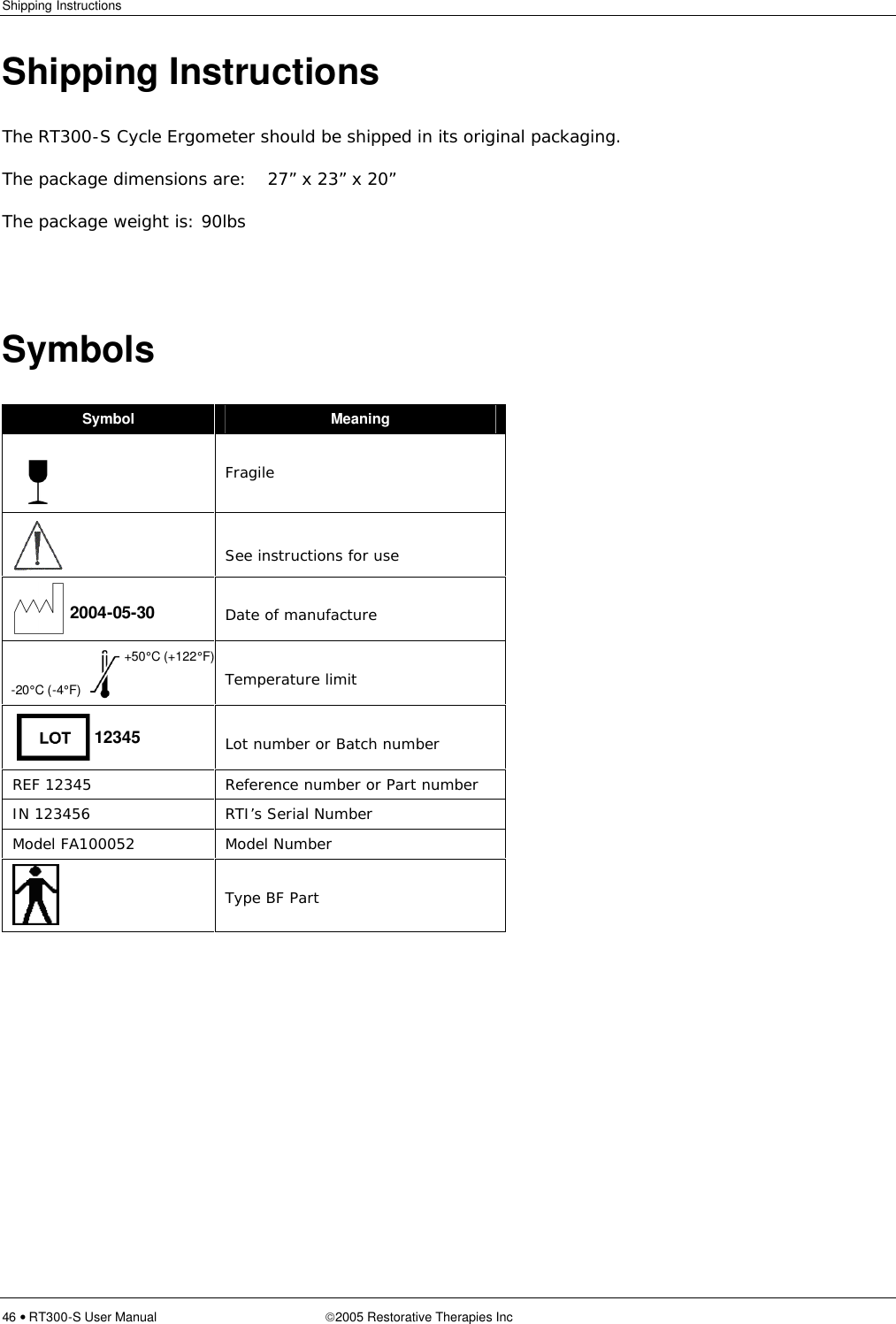 Shipping Instructions  46 • RT300-S User Manual 2005 Restorative Therapies Inc Shipping Instructions The RT300-S Cycle Ergometer should be shipped in its original packaging. The package dimensions are: 27” x 23” x 20” The package weight is: 90lbs  Symbols Symbol  Meaning    Fragile   See instructions for use    Date of manufacture     Temperature limit    Lot number or Batch number REF 12345  Reference number or Part number IN 123456  RTI’s Serial Number Model FA100052 Model Number   Type BF Part   2004-05-30 -20°C (-4°F) +50°C (+122°F) 12345 
