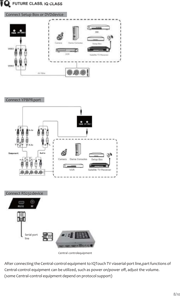       Connect Setup Box or DVD device           Connect YPBPR port         Connect RS232 device    Central controlequipment  After connecting the Central-control equipment to IQTouch TV viaserial-port line,part functions of Central-control equipment can be utilized, such as power on/power oﬀ, adjust the volume. (some Central-control equipment depend on protocol support) Serial-port line 8/10  