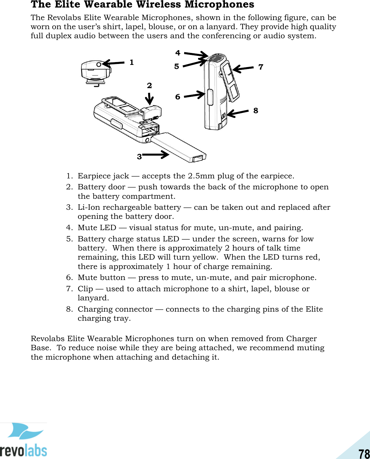 78  The Elite Wearable Wireless Microphones The Revolabs Elite Wearable Microphones, shown in the following figure, can be worn on the user&rsquo;s shirt, lapel, blouse, or on a lanyard. They provide high quality full duplex audio between the users and the conferencing or audio system.                     1. Earpiece jack &mdash; accepts the 2.5mm plug of the earpiece. 2. Battery door &mdash; push towards the back of the microphone to open the battery compartment. 3. Li-Ion rechargeable battery &mdash; can be taken out and replaced after opening the battery door. 4. Mute LED &mdash; visual status for mute, un-mute, and pairing. 5. Battery charge status LED &mdash; under the screen, warns for low battery.  When there is approximately 2 hours of talk time remaining, this LED will turn yellow.  When the LED turns red, there is approximately 1 hour of charge remaining. 6. Mute button &mdash; press to mute, un-mute, and pair microphone. 7. Clip &mdash; used to attach microphone to a shirt, lapel, blouse or lanyard. 8. Charging connector &mdash; connects to the charging pins of the Elite charging tray.  Revolabs Elite Wearable Microphones turn on when removed from Charger Base.  To reduce noise while they are being attached, we recommend muting the microphone when attaching and detaching it.     1 2 3 4 5 6 7 8 