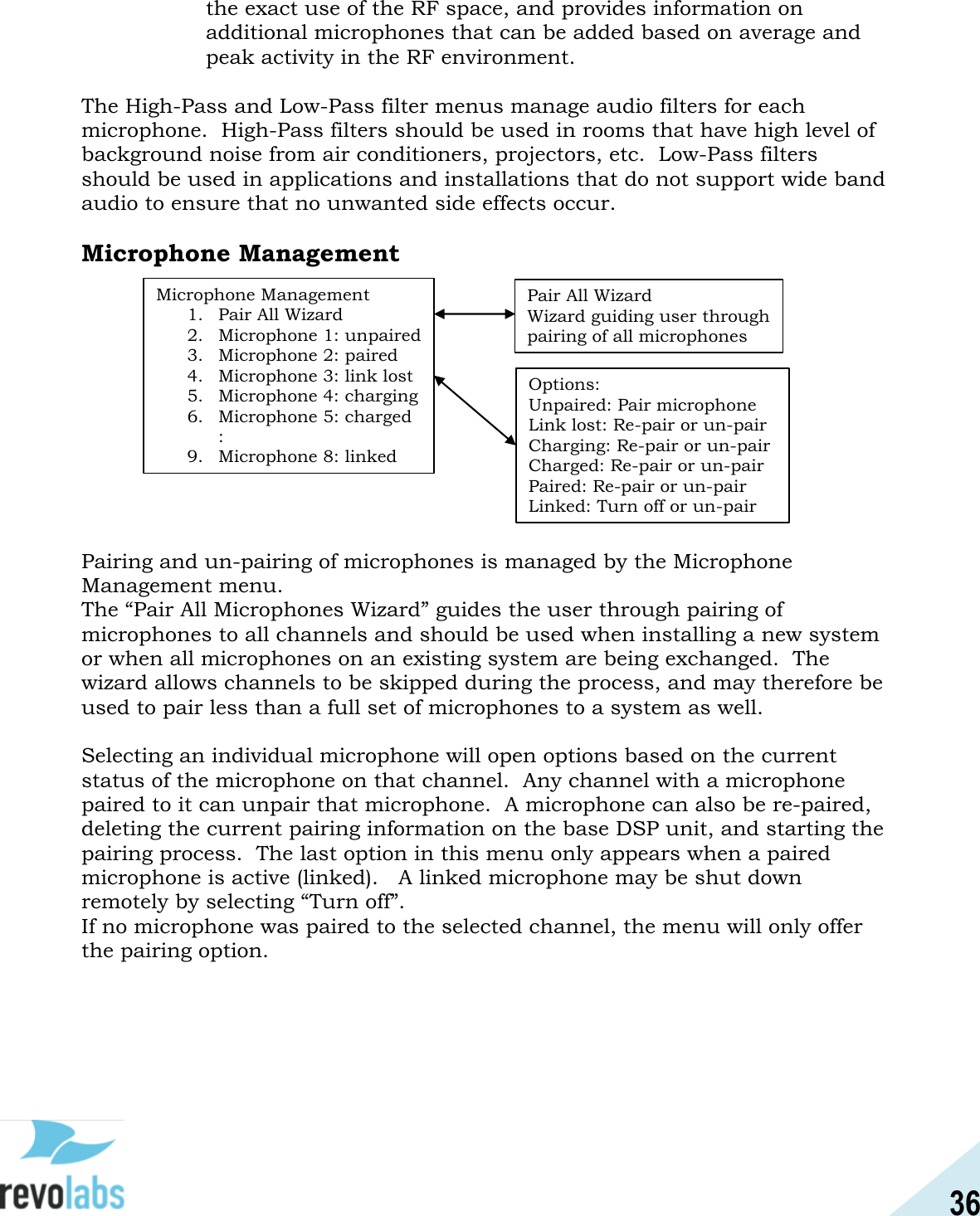 36  the exact use of the RF space, and provides information on additional microphones that can be added based on average and peak activity in the RF environment.  The High-Pass and Low-Pass filter menus manage audio filters for each microphone.  High-Pass filters should be used in rooms that have high level of background noise from air conditioners, projectors, etc.  Low-Pass filters should be used in applications and installations that do not support wide band audio to ensure that no unwanted side effects occur.  Microphone Management   Pairing and un-pairing of microphones is managed by the Microphone Management menu.   The &ldquo;Pair All Microphones Wizard&rdquo; guides the user through pairing of microphones to all channels and should be used when installing a new system or when all microphones on an existing system are being exchanged.  The wizard allows channels to be skipped during the process, and may therefore be used to pair less than a full set of microphones to a system as well.  Selecting an individual microphone will open options based on the current status of the microphone on that channel.  Any channel with a microphone paired to it can unpair that microphone.  A microphone can also be re-paired, deleting the current pairing information on the base DSP unit, and starting the pairing process.  The last option in this menu only appears when a paired microphone is active (linked).   A linked microphone may be shut down remotely by selecting &ldquo;Turn off&rdquo;. If no microphone was paired to the selected channel, the menu will only offer the pairing option.    Microphone Management 1. Pair All Wizard 2.Microphone 1: unpaired 3. Microphone 2: paired 4. Microphone 3: link lost 5.Microphone 4: charging 6. Microphone 5: charged   : 9. Microphone 8: linked Options: Unpaired: Pair microphone Link lost: Re-pair or un-pair Charging: Re-pair or un-pair Charged: Re-pair or un-pair Paired: Re-pair or un-pair Linked: Turn off or un-pair Pair All Wizard Wizard guiding user through  pairing of all microphones 