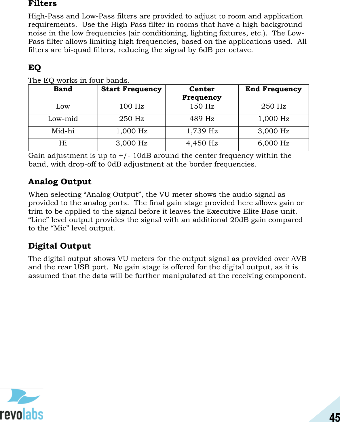 45  Filters High-Pass and Low-Pass filters are provided to adjust to room and application requirements.  Use the High-Pass filter in rooms that have a high background noise in the low frequencies (air conditioning, lighting fixtures, etc.).  The Low-Pass filter allows limiting high frequencies, based on the applications used.  All filters are bi-quad filters, reducing the signal by 6dB per octave.  EQ The EQ works in four bands. Band Start Frequency Center Frequency End Frequency Low 100 Hz 150 Hz 250 Hz Low-mid 250 Hz 489 Hz 1,000 Hz Mid-hi 1,000 Hz 1,739 Hz 3,000 Hz Hi 3,000 Hz 4,450 Hz 6,000 Hz Gain adjustment is up to +/- 10dB around the center frequency within the band, with drop-off to 0dB adjustment at the border frequencies.  Analog Output When selecting &ldquo;Analog Output&rdquo;, the VU meter shows the audio signal as provided to the analog ports.  The final gain stage provided here allows gain or trim to be applied to the signal before it leaves the Executive Elite Base unit.  &ldquo;Line&rdquo; level output provides the signal with an additional 20dB gain compared to the &ldquo;Mic&rdquo; level output.  Digital Output The digital output shows VU meters for the output signal as provided over AVB and the rear USB port.  No gain stage is offered for the digital output, as it is assumed that the data will be further manipulated at the receiving component.    