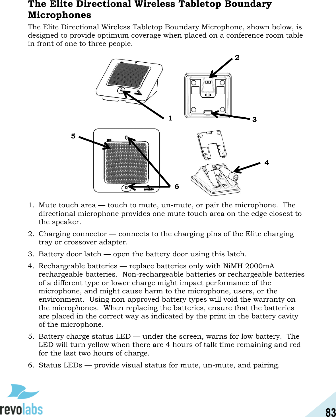 83  The Elite Directional Wireless Tabletop Boundary Microphones The Elite Directional Wireless Tabletop Boundary Microphone, shown below, is designed to provide optimum coverage when placed on a conference room table in front of one to three people.                    1. Mute touch area &mdash; touch to mute, un-mute, or pair the microphone.  The directional microphone provides one mute touch area on the edge closest to the speaker. 2. Charging connector &mdash; connects to the charging pins of the Elite charging tray or crossover adapter. 3. Battery door latch &mdash; open the battery door using this latch. 4. Rechargeable batteries &mdash; replace batteries only with NiMH 2000mA rechargeable batteries.  Non-rechargeable batteries or rechargeable batteries of a different type or lower charge might impact performance of the microphone, and might cause harm to the microphone, users, or the environment.  Using non-approved battery types will void the warranty on the microphones.  When replacing the batteries, ensure that the batteries are placed in the correct way as indicated by the print in the battery cavity of the microphone. 5. Battery charge status LED &mdash; under the screen, warns for low battery.  The LED will turn yellow when there are 4 hours of talk time remaining and red for the last two hours of charge.   6. Status LEDs &mdash; provide visual status for mute, un-mute, and pairing.  1 2 3 4 5 6 