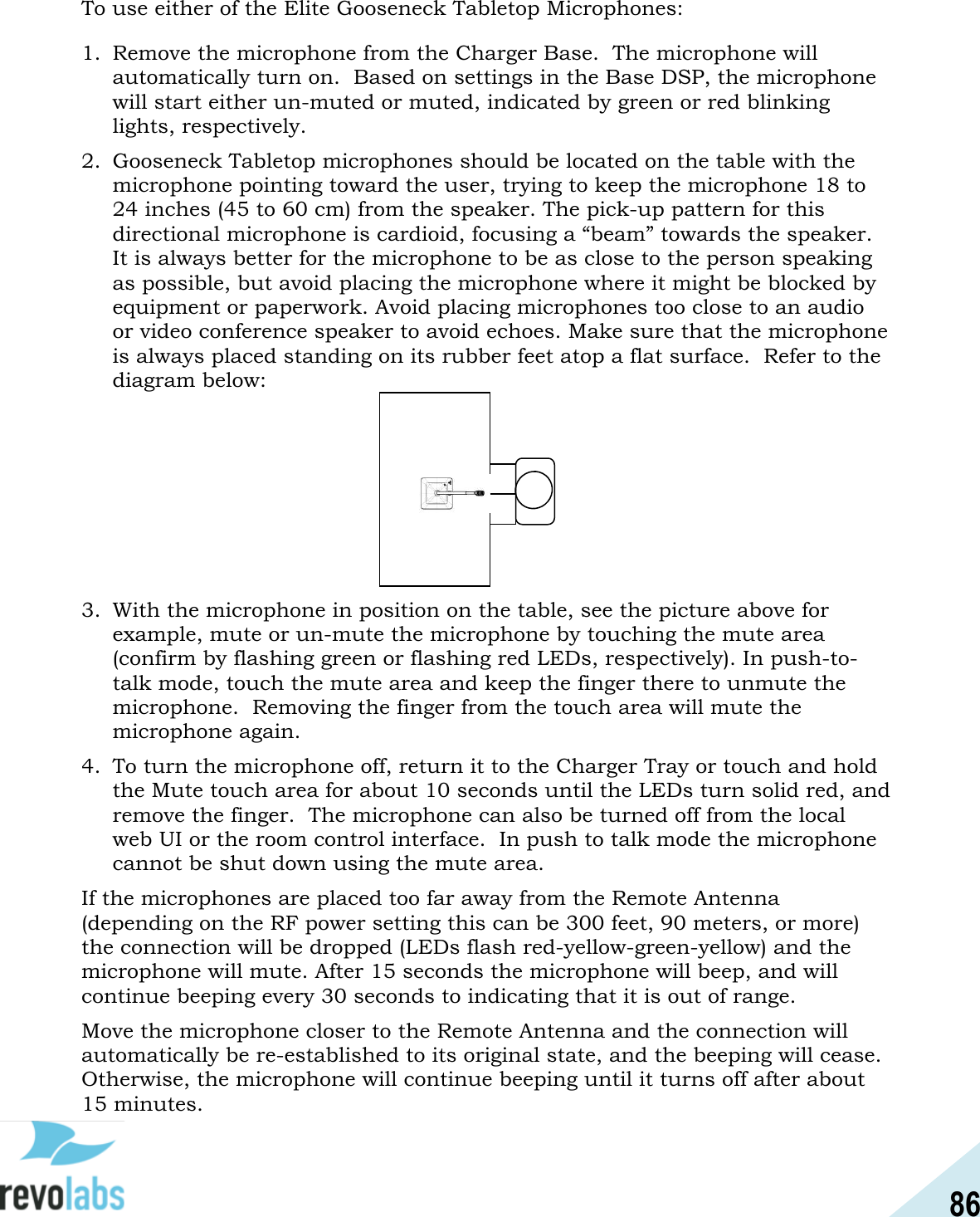 86  To use either of the Elite Gooseneck Tabletop Microphones:  1. Remove the microphone from the Charger Base.  The microphone will automatically turn on.  Based on settings in the Base DSP, the microphone will start either un-muted or muted, indicated by green or red blinking lights, respectively. 2. Gooseneck Tabletop microphones should be located on the table with the microphone pointing toward the user, trying to keep the microphone 18 to 24 inches (45 to 60 cm) from the speaker. The pick-up pattern for this directional microphone is cardioid, focusing a &ldquo;beam&rdquo; towards the speaker.  It is always better for the microphone to be as close to the person speaking as possible, but avoid placing the microphone where it might be blocked by equipment or paperwork. Avoid placing microphones too close to an audio or video conference speaker to avoid echoes. Make sure that the microphone is always placed standing on its rubber feet atop a flat surface.  Refer to the diagram below:         3. With the microphone in position on the table, see the picture above for example, mute or un-mute the microphone by touching the mute area (confirm by flashing green or flashing red LEDs, respectively). In push-to-talk mode, touch the mute area and keep the finger there to unmute the microphone.  Removing the finger from the touch area will mute the microphone again.  4. To turn the microphone off, return it to the Charger Tray or touch and hold the Mute touch area for about 10 seconds until the LEDs turn solid red, and remove the finger.  The microphone can also be turned off from the local web UI or the room control interface.  In push to talk mode the microphone cannot be shut down using the mute area. If the microphones are placed too far away from the Remote Antenna (depending on the RF power setting this can be 300 feet, 90 meters, or more) the connection will be dropped (LEDs flash red-yellow-green-yellow) and the microphone will mute. After 15 seconds the microphone will beep, and will continue beeping every 30 seconds to indicating that it is out of range.  Move the microphone closer to the Remote Antenna and the connection will automatically be re-established to its original state, and the beeping will cease. Otherwise, the microphone will continue beeping until it turns off after about 15 minutes.        