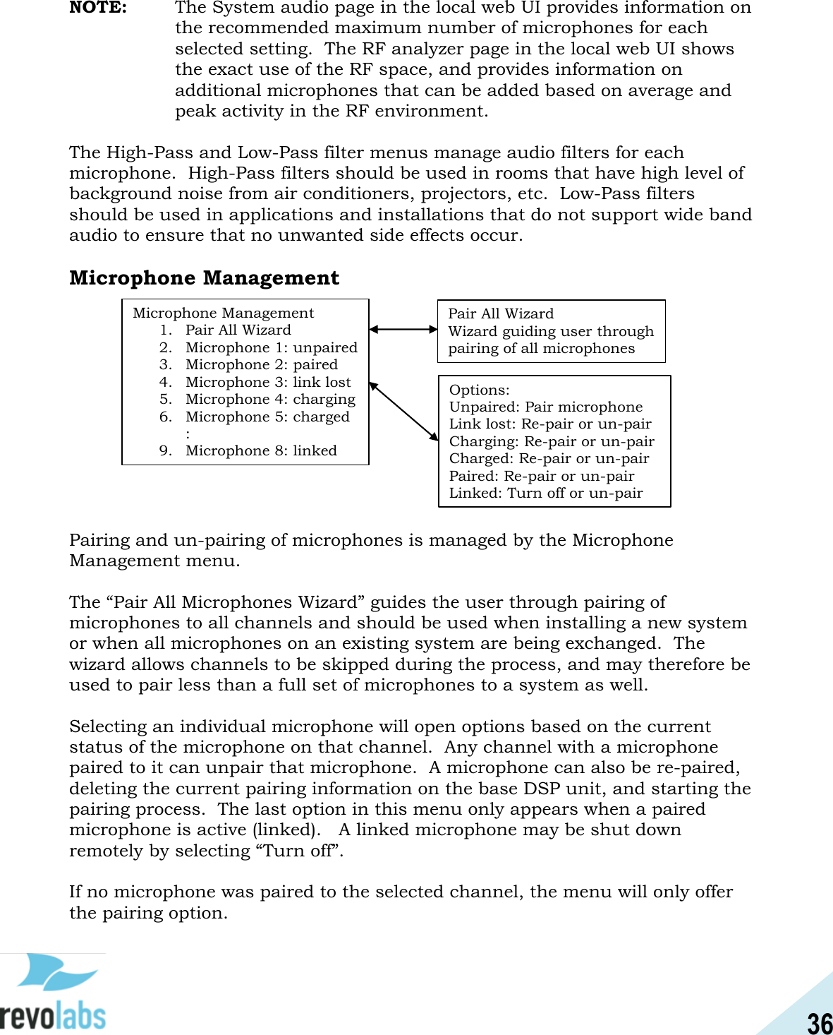 36  NOTE:   The System audio page in the local web UI provides information on the recommended maximum number of microphones for each selected setting.  The RF analyzer page in the local web UI shows the exact use of the RF space, and provides information on additional microphones that can be added based on average and peak activity in the RF environment.  The High-Pass and Low-Pass filter menus manage audio filters for each microphone.  High-Pass filters should be used in rooms that have high level of background noise from air conditioners, projectors, etc.  Low-Pass filters should be used in applications and installations that do not support wide band audio to ensure that no unwanted side effects occur.  Microphone Management   Pairing and un-pairing of microphones is managed by the Microphone Management menu.  The &ldquo;Pair All Microphones Wizard&rdquo; guides the user through pairing of microphones to all channels and should be used when installing a new system or when all microphones on an existing system are being exchanged.  The wizard allows channels to be skipped during the process, and may therefore be used to pair less than a full set of microphones to a system as well.  Selecting an individual microphone will open options based on the current status of the microphone on that channel.  Any channel with a microphone paired to it can unpair that microphone.  A microphone can also be re-paired, deleting the current pairing information on the base DSP unit, and starting the pairing process.  The last option in this menu only appears when a paired microphone is active (linked).   A linked microphone may be shut down remotely by selecting &ldquo;Turn off&rdquo;.  If no microphone was paired to the selected channel, the menu will only offer the pairing option.    Microphone Management 1. Pair All Wizard 2.Microphone 1: unpaired 3. Microphone 2: paired 4. Microphone 3: link lost 5.Microphone 4: charging 6. Microphone 5: charged   : 9. Microphone 8: linked Options: Unpaired: Pair microphone Link lost: Re-pair or un-pair Charging: Re-pair or un-pair Charged: Re-pair or un-pair Paired: Re-pair or un-pair Linked: Turn off or un-pair Pair All Wizard Wizard guiding user through  pairing of all microphones 