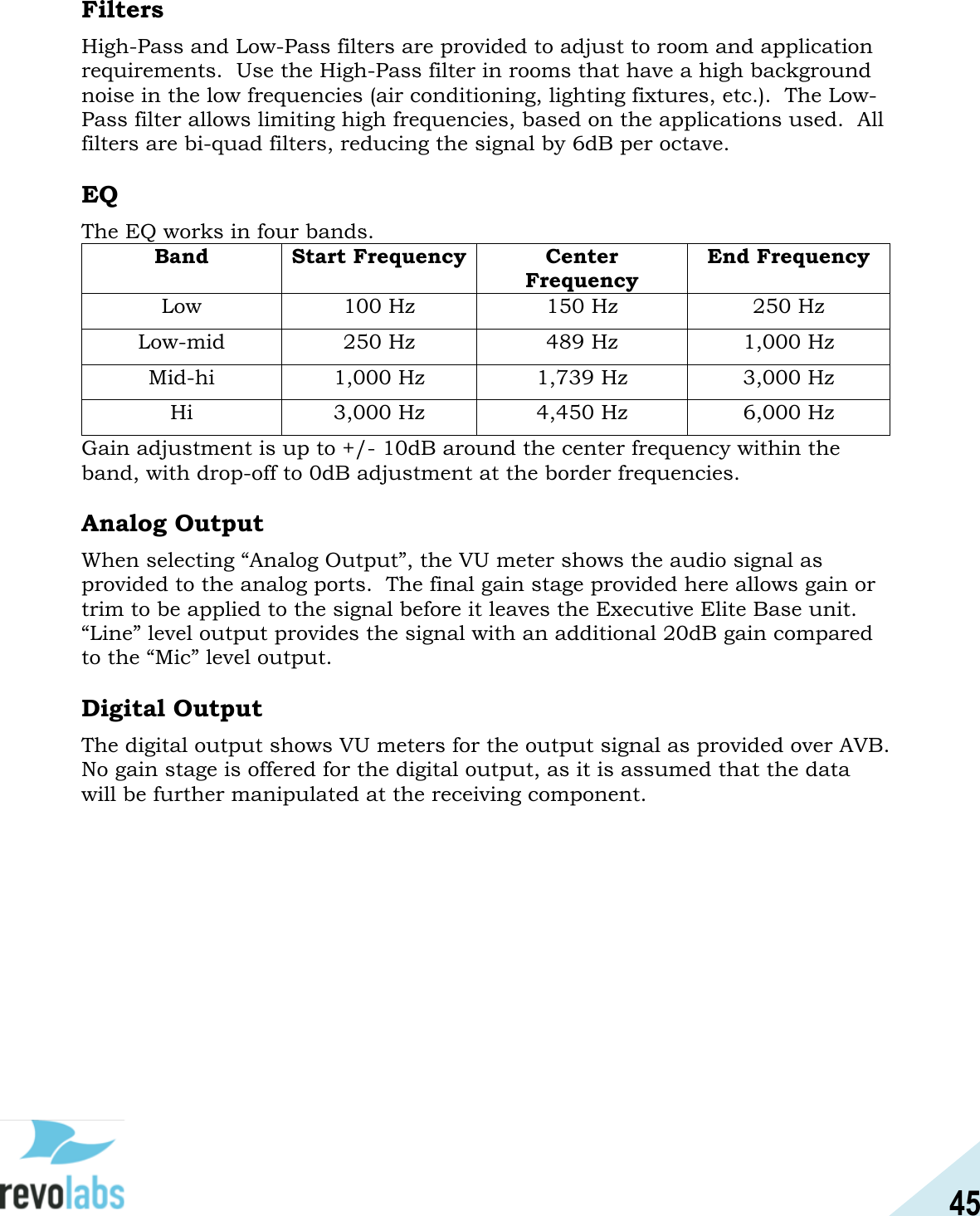 45  Filters High-Pass and Low-Pass filters are provided to adjust to room and application requirements.  Use the High-Pass filter in rooms that have a high background noise in the low frequencies (air conditioning, lighting fixtures, etc.).  The Low-Pass filter allows limiting high frequencies, based on the applications used.  All filters are bi-quad filters, reducing the signal by 6dB per octave.  EQ The EQ works in four bands. Band Start Frequency Center Frequency End Frequency Low 100 Hz 150 Hz 250 Hz Low-mid 250 Hz 489 Hz 1,000 Hz Mid-hi 1,000 Hz 1,739 Hz 3,000 Hz Hi 3,000 Hz 4,450 Hz 6,000 Hz Gain adjustment is up to +/- 10dB around the center frequency within the band, with drop-off to 0dB adjustment at the border frequencies.  Analog Output When selecting &ldquo;Analog Output&rdquo;, the VU meter shows the audio signal as provided to the analog ports.  The final gain stage provided here allows gain or trim to be applied to the signal before it leaves the Executive Elite Base unit.  &ldquo;Line&rdquo; level output provides the signal with an additional 20dB gain compared to the &ldquo;Mic&rdquo; level output.  Digital Output The digital output shows VU meters for the output signal as provided over AVB.  No gain stage is offered for the digital output, as it is assumed that the data will be further manipulated at the receiving component.    