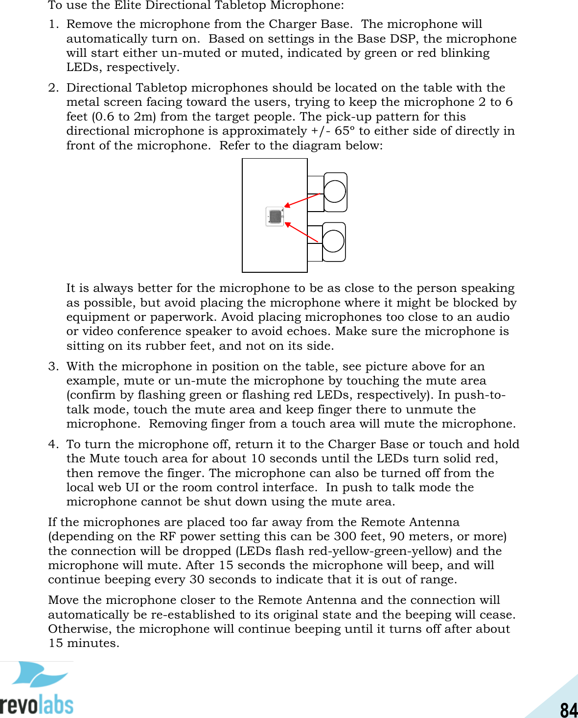 84  To use the Elite Directional Tabletop Microphone:  1. Remove the microphone from the Charger Base.  The microphone will automatically turn on.  Based on settings in the Base DSP, the microphone will start either un-muted or muted, indicated by green or red blinking LEDs, respectively. 2. Directional Tabletop microphones should be located on the table with the metal screen facing toward the users, trying to keep the microphone 2 to 6 feet (0.6 to 2m) from the target people. The pick-up pattern for this directional microphone is approximately +/- 65&ordm; to either side of directly in front of the microphone.  Refer to the diagram below:  It is always better for the microphone to be as close to the person speaking as possible, but avoid placing the microphone where it might be blocked by equipment or paperwork. Avoid placing microphones too close to an audio or video conference speaker to avoid echoes. Make sure the microphone is sitting on its rubber feet, and not on its side. 3. With the microphone in position on the table, see picture above for an example, mute or un-mute the microphone by touching the mute area (confirm by flashing green or flashing red LEDs, respectively). In push-to-talk mode, touch the mute area and keep finger there to unmute the microphone.  Removing finger from a touch area will mute the microphone. 4. To turn the microphone off, return it to the Charger Base or touch and hold the Mute touch area for about 10 seconds until the LEDs turn solid red, then remove the finger. The microphone can also be turned off from the local web UI or the room control interface.  In push to talk mode the microphone cannot be shut down using the mute area. If the microphones are placed too far away from the Remote Antenna (depending on the RF power setting this can be 300 feet, 90 meters, or more) the connection will be dropped (LEDs flash red-yellow-green-yellow) and the microphone will mute. After 15 seconds the microphone will beep, and will continue beeping every 30 seconds to indicate that it is out of range.  Move the microphone closer to the Remote Antenna and the connection will automatically be re-established to its original state and the beeping will cease. Otherwise, the microphone will continue beeping until it turns off after about 15 minutes.            