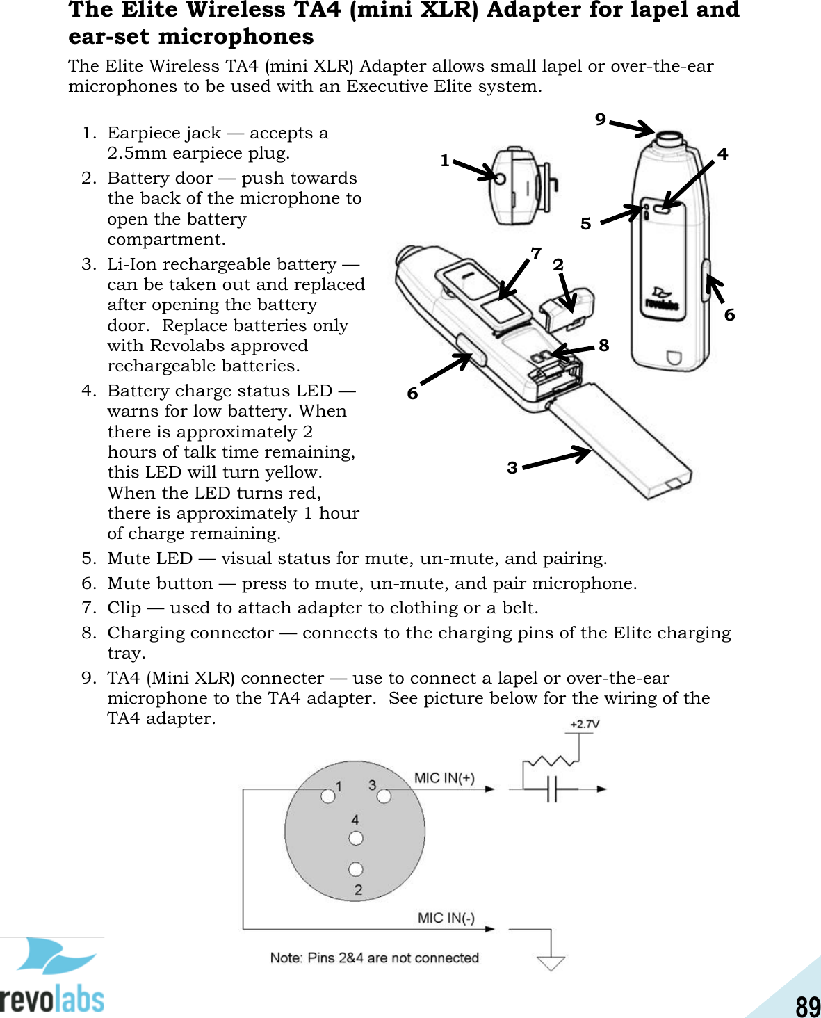 89  The Elite Wireless TA4 (mini XLR) Adapter for lapel and ear-set microphones The Elite Wireless TA4 (mini XLR) Adapter allows small lapel or over-the-ear microphones to be used with an Executive Elite system.  1. Earpiece jack &mdash; accepts a 2.5mm earpiece plug. 2. Battery door &mdash; push towards the back of the microphone to open the battery compartment. 3. Li-Ion rechargeable battery &mdash; can be taken out and replaced after opening the battery door.  Replace batteries only with Revolabs approved rechargeable batteries.   4. Battery charge status LED &mdash; warns for low battery. When there is approximately 2 hours of talk time remaining, this LED will turn yellow.  When the LED turns red, there is approximately 1 hour of charge remaining. 5. Mute LED &mdash; visual status for mute, un-mute, and pairing. 6. Mute button &mdash; press to mute, un-mute, and pair microphone. 7. Clip &mdash; used to attach adapter to clothing or a belt. 8. Charging connector &mdash; connects to the charging pins of the Elite charging tray. 9. TA4 (Mini XLR) connecter &mdash; use to connect a lapel or over-the-ear microphone to the TA4 adapter.  See picture below for the wiring of the TA4 adapter.      1 2 3 4 5 6 6 7 8 9 