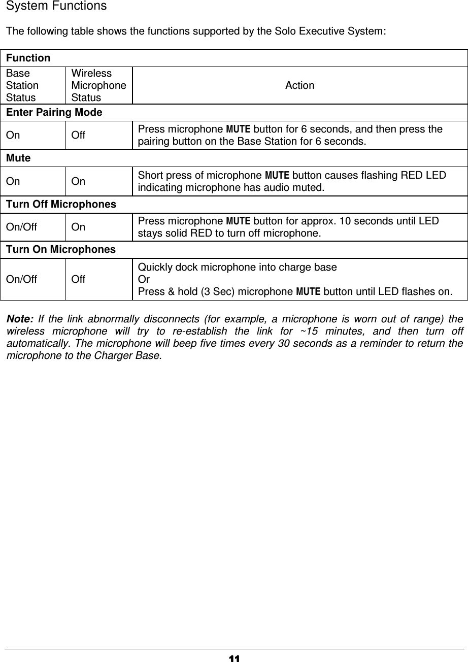   11111111    System Functions  The following table shows the functions supported by the Solo Executive System:  Function Base Station   Status Wireless Microphone Status Action Enter Pairing Mode On   Off   Press microphone MUTE button for 6 seconds, and then press the pairing button on the Base Station for 6 seconds. Mute  On  On  Short press of microphone MUTE button causes flashing RED LED indicating microphone has audio muted. Turn Off Microphones On/Off  On   Press microphone MUTE button for approx. 10 seconds until LED stays solid RED to turn off microphone. Turn On Microphones On/Off  Off Quickly dock microphone into charge base Or  Press &amp; hold (3 Sec) microphone MUTE button until LED flashes on.  Note:  If  the  link  abnormally  disconnects  (for  example,  a  microphone  is  worn  out  of  range)  the wireless  microphone  will  try  to  re-establish  the  link  for  ~15  minutes,  and  then  turn  off automatically. The microphone will beep five times every 30 seconds as a reminder to return the microphone to the Charger Base.  