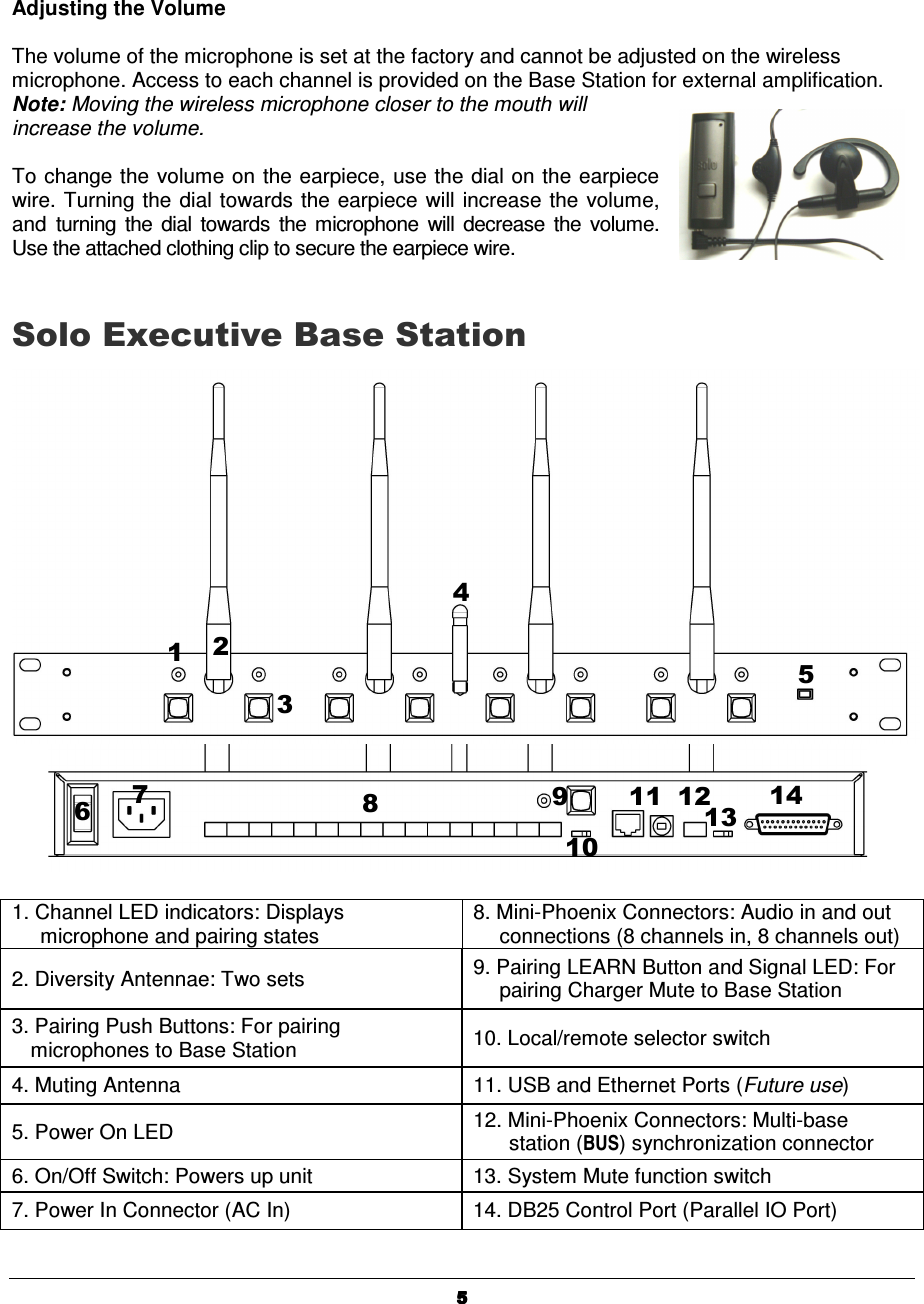   5555Adjusting the Volume  The volume of the microphone is set at the factory and cannot be adjusted on the wireless microphone. Access to each channel is provided on the Base Station for external amplification. Note: Moving the wireless microphone closer to the mouth will increase the volume.  To change the  volume on the earpiece, use the dial on the earpiece wire. Turning the  dial towards  the earpiece  will increase the  volume, and  turning  the  dial  towards  the  microphone  will  decrease  the  volume. Use the attached clothing clip to secure the earpiece wire. Solo Executive Base Station        1. Channel LED indicators: Displays microphone and pairing states 8. Mini-Phoenix Connectors: Audio in and out connections (8 channels in, 8 channels out) 2. Diversity Antennae: Two sets  9. Pairing LEARN Button and Signal LED: For pairing Charger Mute to Base Station   3. Pairing Push Buttons: For pairing microphones to Base Station    10. Local/remote selector switch 4. Muting Antenna  11. USB and Ethernet Ports (Future use) 5. Power On LED  12. Mini-Phoenix Connectors: Multi-base station (BUS) synchronization connector 6. On/Off Switch: Powers up unit  13. System Mute function switch 7. Power In Connector (AC In)  14. DB25 Control Port (Parallel IO Port) 4 13 2  5 67 810 11 12 13 9 14 