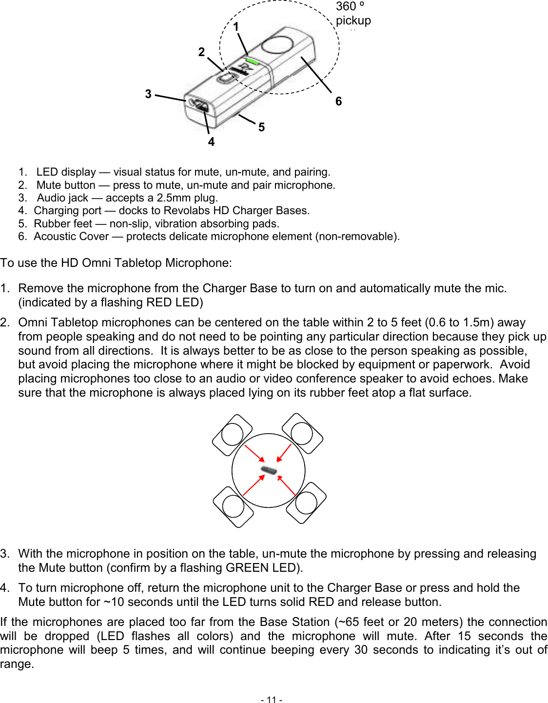  - 11 -  1.  LED display &mdash; visual status for mute, un-mute, and pairing. 2.  Mute button &mdash; press to mute, un-mute and pair microphone. 3.   Audio jack &mdash; accepts a 2.5mm plug. 4.  Charging port &mdash; docks to Revolabs HD Charger Bases. 5.  Rubber feet &mdash; non-slip, vibration absorbing pads. 6.  Acoustic Cover &mdash; protects delicate microphone element (non-removable).  To use the HD Omni Tabletop Microphone:  1.  Remove the microphone from the Charger Base to turn on and automatically mute the mic. (indicated by a flashing RED LED) 2.  Omni Tabletop microphones can be centered on the table within 2 to 5 feet (0.6 to 1.5m) away from people speaking and do not need to be pointing any particular direction because they pick up sound from all directions.  It is always better to be as close to the person speaking as possible, but avoid placing the microphone where it might be blocked by equipment or paperwork.  Avoid placing microphones too close to an audio or video conference speaker to avoid echoes. Make sure that the microphone is always placed lying on its rubber feet atop a flat surface.         3.  With the microphone in position on the table, un-mute the microphone by pressing and releasing the Mute button (confirm by a flashing GREEN LED).  4.  To turn microphone off, return the microphone unit to the Charger Base or press and hold the Mute button for ~10 seconds until the LED turns solid RED and release button. If the microphones are placed too far from the Base Station (~65 feet or 20 meters) the connection will  be  dropped  (LED  flashes  all  colors)  and  the  microphone  will  mute.  After  15  seconds  the microphone  will  beep  5  times,  and  will  continue  beeping  every  30  seconds  to  indicating  it&rsquo;s  out  of range.  6 2 3 1 4 5 360 &ordm; pickup pattern 