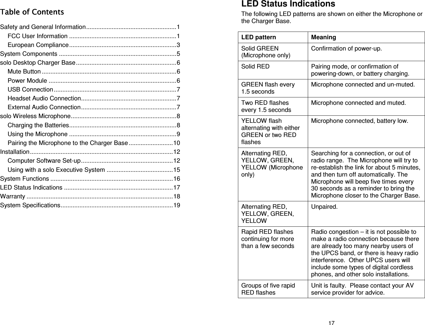 iii Table ofTable ofTable ofTable of Contents Contents Contents Contents    Safety and General Information.....................................................1 FCC User Information ...............................................................1 European Compliance...............................................................3 System Components .....................................................................5 solo Desktop Charger Base...........................................................6 Mute Button ...............................................................................6 Power Module ...........................................................................6 USB Connection........................................................................7 Headset Audio Connection........................................................7 External Audio Connection........................................................7 solo Wireless Microphone..............................................................8 Charging the Batteries...............................................................8 Using the Microphone ...............................................................9 Pairing the Microphone to the Charger Base ..........................10 Installation....................................................................................12 Computer Software Set-up......................................................12 Using with a solo Executive System .......................................15 System Functions ........................................................................16 LED Status Indications ................................................................17 Warranty ......................................................................................18 System Specifications..................................................................19 17 LED Status Indications The following LED patterns are shown on either the Microphone or the Charger Base.  LED pattern  Meaning Solid GREEN (Microphone only) Confirmation of power-up. Solid RED  Pairing mode, or confirmation of powering-down, or battery charging. GREEN flash every 1.5 seconds Microphone connected and un-muted. Two RED flashes every 1.5 seconds Microphone connected and muted. YELLOW flash alternating with either GREEN or two RED flashes Microphone connected, battery low. Alternating RED, YELLOW, GREEN, YELLOW (Microphone only) Searching for a connection, or out of radio range.  The Microphone will try to re-establish the link for about 5 minutes, and then turn off automatically. The Microphone will beep five times every 30 seconds as a reminder to bring the Microphone closer to the Charger Base. Alternating RED, YELLOW, GREEN, YELLOW Unpaired. Rapid RED flashes continuing for more than a few seconds Radio congestion &ndash; it is not possible to make a radio connection because there are already too many nearby users of the UPCS band, or there is heavy radio interference.  Other UPCS users will include some types of digital cordless phones, and other solo installations. Groups of five rapid RED flashes Unit is faulty.  Please contact your AV service provider for advice. 