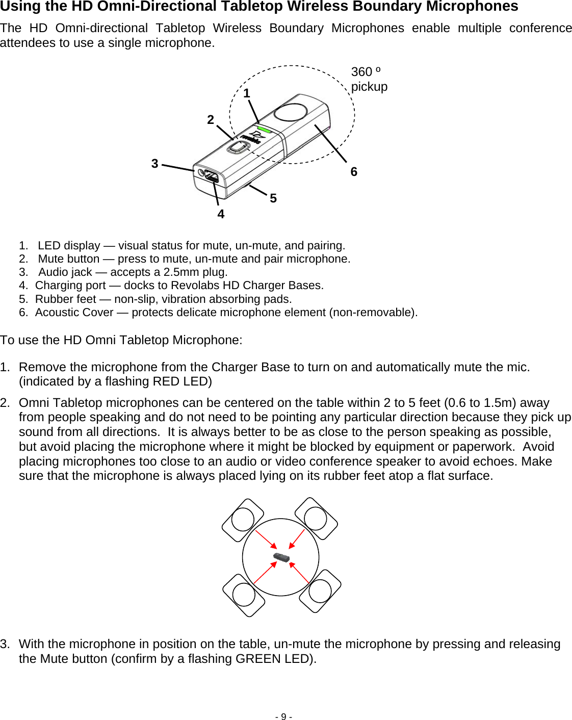 - 9 -  Using the HD Omni-Directional Tabletop Wireless Boundary Microphones The HD Omni-directional Tabletop Wireless Boundary Microphones enable multiple conference attendees to use a single microphone.   1.  LED display &mdash; visual status for mute, un-mute, and pairing. 2.  Mute button &mdash; press to mute, un-mute and pair microphone. 3.   Audio jack &mdash; accepts a 2.5mm plug. 4.  Charging port &mdash; docks to Revolabs HD Charger Bases. 5.  Rubber feet &mdash; non-slip, vibration absorbing pads. 6.  Acoustic Cover &mdash; protects delicate microphone element (non-removable).  To use the HD Omni Tabletop Microphone:  1.  Remove the microphone from the Charger Base to turn on and automatically mute the mic. (indicated by a flashing RED LED) 2.  Omni Tabletop microphones can be centered on the table within 2 to 5 feet (0.6 to 1.5m) away from people speaking and do not need to be pointing any particular direction because they pick up sound from all directions.  It is always better to be as close to the person speaking as possible, but avoid placing the microphone where it might be blocked by equipment or paperwork.  Avoid placing microphones too close to an audio or video conference speaker to avoid echoes. Make sure that the microphone is always placed lying on its rubber feet atop a flat surface.         3.  With the microphone in position on the table, un-mute the microphone by pressing and releasing the Mute button (confirm by a flashing GREEN LED).  623 145360 &ordm; pickup 