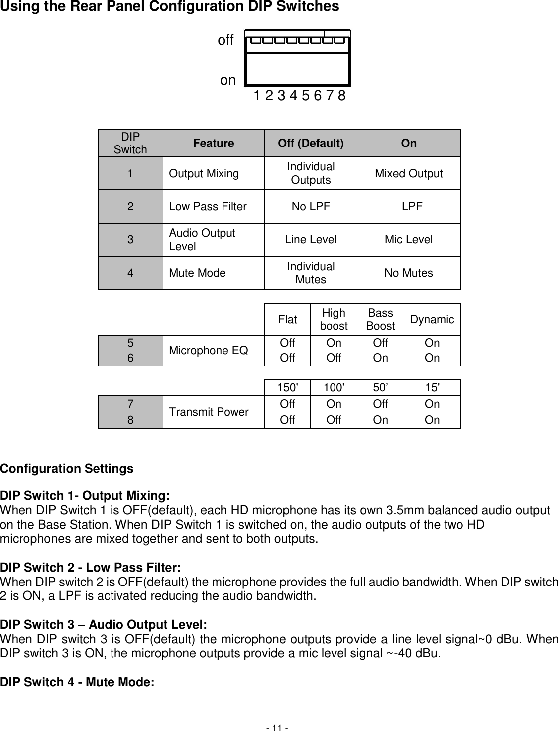 - 11 - 1 2 3 4 5 6 7 8 on off Using the Rear Panel Configuration DIP Switches         DIP Switch Feature Off (Default) On 1 Output Mixing Individual Outputs Mixed Output 2 Low Pass Filter No LPF   LPF 3 Audio Output Level Line Level Mic Level 4 Mute Mode Individual Mutes No Mutes         Flat High boost Bass Boost Dynamic 5 Microphone EQ Off On Off On 6 Off Off On On          150' 100' 50&rsquo; 15' 7 Transmit Power Off On Off On 8 Off Off On On  Configuration Settings DIP Switch 1- Output Mixing: When DIP Switch 1 is OFF(default), each HD microphone has its own 3.5mm balanced audio output on the Base Station. When DIP Switch 1 is switched on, the audio outputs of the two HD microphones are mixed together and sent to both outputs.   DIP Switch 2 - Low Pass Filter: When DIP switch 2 is OFF(default) the microphone provides the full audio bandwidth. When DIP switch 2 is ON, a LPF is activated reducing the audio bandwidth.   DIP Switch 3 &ndash; Audio Output Level:  When DIP switch 3 is OFF(default) the microphone outputs provide a line level signal~0 dBu. When DIP switch 3 is ON, the microphone outputs provide a mic level signal ~-40 dBu.   DIP Switch 4 - Mute Mode: 