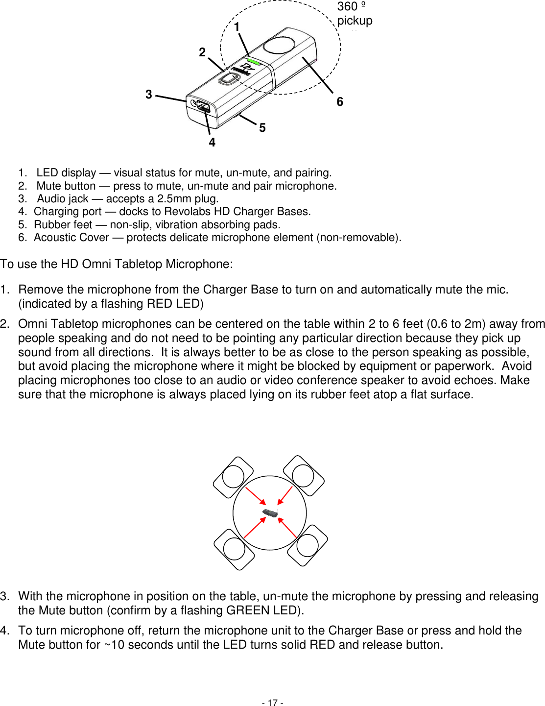 - 17 -  1.  LED display &mdash; visual status for mute, un-mute, and pairing. 2.  Mute button &mdash; press to mute, un-mute and pair microphone. 3.   Audio jack &mdash; accepts a 2.5mm plug. 4.  Charging port &mdash; docks to Revolabs HD Charger Bases. 5.  Rubber feet &mdash; non-slip, vibration absorbing pads. 6.  Acoustic Cover &mdash; protects delicate microphone element (non-removable).  To use the HD Omni Tabletop Microphone:  1.  Remove the microphone from the Charger Base to turn on and automatically mute the mic. (indicated by a flashing RED LED) 2.  Omni Tabletop microphones can be centered on the table within 2 to 6 feet (0.6 to 2m) away from people speaking and do not need to be pointing any particular direction because they pick up sound from all directions.  It is always better to be as close to the person speaking as possible, but avoid placing the microphone where it might be blocked by equipment or paperwork.  Avoid placing microphones too close to an audio or video conference speaker to avoid echoes. Make sure that the microphone is always placed lying on its rubber feet atop a flat surface.           3.  With the microphone in position on the table, un-mute the microphone by pressing and releasing the Mute button (confirm by a flashing GREEN LED).  4.  To turn microphone off, return the microphone unit to the Charger Base or press and hold the Mute button for ~10 seconds until the LED turns solid RED and release button. 6 2 3 1 4 5 360 &ordm; pickup pattern 