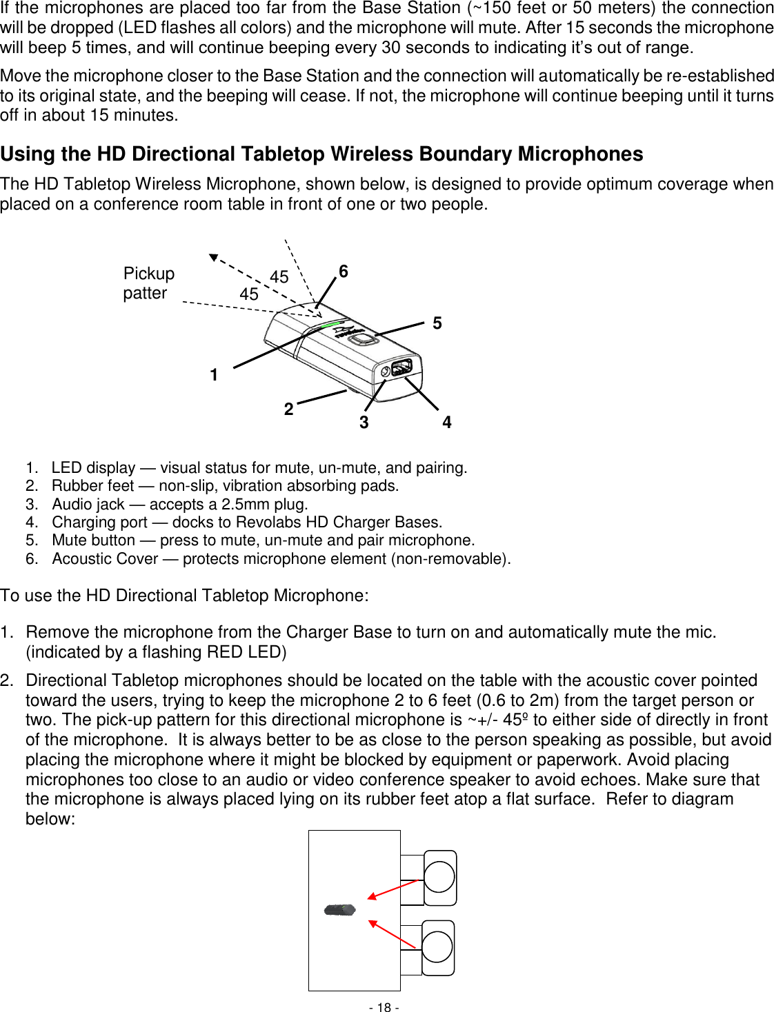 - 18 - If the microphones are placed too far from the Base Station (~150 feet or 50 meters) the connection will be dropped (LED flashes all colors) and the microphone will mute. After 15 seconds the microphone will beep 5 times, and will continue beeping every 30 seconds to indicating it&rsquo;s out of range.  Move the microphone closer to the Base Station and the connection will automatically be re-established to its original state, and the beeping will cease. If not, the microphone will continue beeping until it turns off in about 15 minutes. Using the HD Directional Tabletop Wireless Boundary Microphones The HD Tabletop Wireless Microphone, shown below, is designed to provide optimum coverage when placed on a conference room table in front of one or two people.  1.  LED display &mdash; visual status for mute, un-mute, and pairing. 2.  Rubber feet &mdash; non-slip, vibration absorbing pads.  3.   Audio jack &mdash; accepts a 2.5mm plug. 4.   Charging port &mdash; docks to Revolabs HD Charger Bases. 5.   Mute button &mdash; press to mute, un-mute and pair microphone. 6.   Acoustic Cover &mdash; protects microphone element (non-removable).   To use the HD Directional Tabletop Microphone:  1.  Remove the microphone from the Charger Base to turn on and automatically mute the mic. (indicated by a flashing RED LED) 2.  Directional Tabletop microphones should be located on the table with the acoustic cover pointed toward the users, trying to keep the microphone 2 to 6 feet (0.6 to 2m) from the target person or two. The pick-up pattern for this directional microphone is ~+/- 45&ordm; to either side of directly in front of the microphone.  It is always better to be as close to the person speaking as possible, but avoid placing the microphone where it might be blocked by equipment or paperwork. Avoid placing microphones too close to an audio or video conference speaker to avoid echoes. Make sure that the microphone is always placed lying on its rubber feet atop a flat surface.  Refer to diagram below:       1 2 3 4 5 6 45 &ordm; 45 &ordm; Pickup pattern 