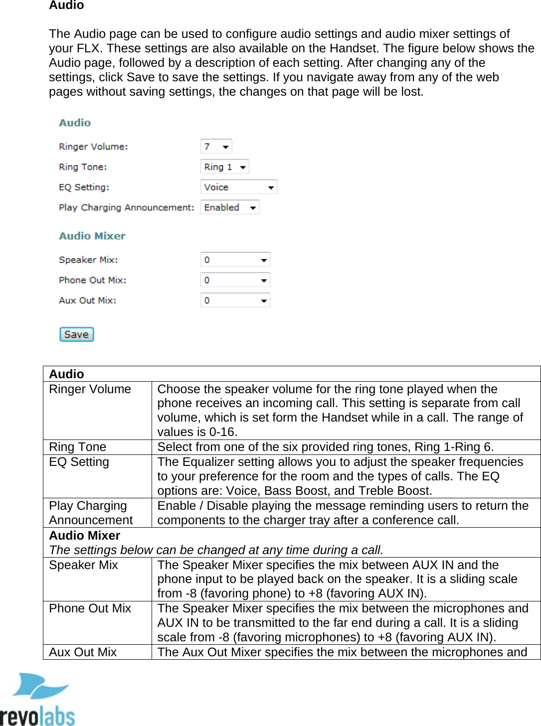  54 Audio  The Audio page can be used to configure audio settings and audio mixer settings of your FLX. These settings are also available on the Handset. The figure below shows the Audio page, followed by a description of each setting. After changing any of the settings, click Save to save the settings. If you navigate away from any of the web pages without saving settings, the changes on that page will be lost.    Audio Ringer Volume Choose the speaker volume for the ring tone played when the phone receives an incoming call. This setting is separate from call volume, which is set form the Handset while in a call. The range of values is 0-16. Ring Tone Select from one of the six provided ring tones, Ring 1-Ring 6. EQ Setting The Equalizer setting allows you to adjust the speaker frequencies to your preference for the room and the types of calls. The EQ options are: Voice, Bass Boost, and Treble Boost. Play Charging Announcement Enable / Disable playing the message reminding users to return the components to the charger tray after a conference call. Audio Mixer The settings below can be changed at any time during a call. Speaker Mix The Speaker Mixer specifies the mix between AUX IN and the phone input to be played back on the speaker. It is a sliding scale from -8 (favoring phone) to +8 (favoring AUX IN).  Phone Out Mix The Speaker Mixer specifies the mix between the microphones and AUX IN to be transmitted to the far end during a call. It is a sliding scale from -8 (favoring microphones) to +8 (favoring AUX IN).  Aux Out Mix The Aux Out Mixer specifies the mix between the microphones and  