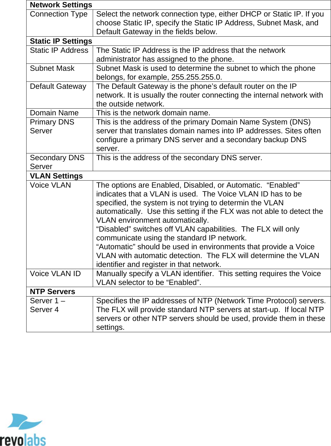  59 Network Settings Connection Type Select the network connection type, either DHCP or Static IP. If you choose Static IP, specify the Static IP Address, Subnet Mask, and Default Gateway in the fields below. Static IP Settings Static IP Address The Static IP Address is the IP address that the network administrator has assigned to the phone.  Subnet Mask Subnet Mask is used to determine the subnet to which the phone belongs, for example, 255.255.255.0.  Default Gateway The Default Gateway is the phone&rsquo;s default router on the IP network. It is usually the router connecting the internal network with the outside network. Domain Name This is the network domain name. Primary DNS Server This is the address of the primary Domain Name System (DNS) server that translates domain names into IP addresses. Sites often configure a primary DNS server and a secondary backup DNS server. Secondary DNS Server This is the address of the secondary DNS server. VLAN Settings Voice VLAN The options are Enabled, Disabled, or Automatic.  &ldquo;Enabled&rdquo; indicates that a VLAN is used.  The Voice VLAN ID has to be specified, the system is not trying to determin the VLAN automatically.  Use this setting if the FLX was not able to detect the VLAN environment automatically. &ldquo;Disabled&rdquo; switches off VLAN capabilities.  The FLX will only communicate using the standard IP network. &ldquo;Automatic&rdquo; should be used in environments that provide a Voice VLAN with automatic detection.  The FLX will determine the VLAN identifier and register in that network.  Voice VLAN ID Manually specify a VLAN identifier.  This setting requires the Voice VLAN selector to be &ldquo;Enabled&rdquo;. NTP Servers Server 1 &ndash; Server 4 Specifies the IP addresses of NTP (Network Time Protocol) servers.  The FLX will provide standard NTP servers at start-up.  If local NTP servers or other NTP servers should be used, provide them in these settings.      