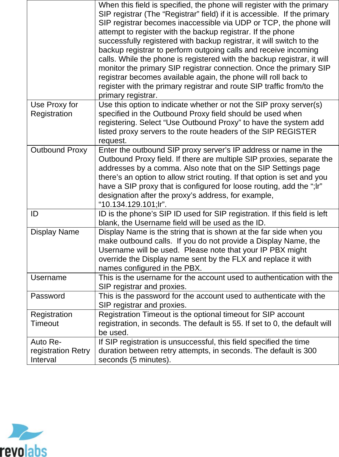  61 When this field is specified, the phone will register with the primary SIP registrar (The &ldquo;Registrar&rdquo; field) if it is accessible.  If the primary SIP registrar becomes inaccessible via UDP or TCP, the phone will attempt to register with the backup registrar. If the phone successfully registered with backup registrar, it will switch to the backup registrar to perform outgoing calls and receive incoming calls. While the phone is registered with the backup registrar, it will monitor the primary SIP registrar connection. Once the primary SIP registrar becomes available again, the phone will roll back to register with the primary registrar and route SIP traffic from/to the primary registrar.  Use Proxy for Registration Use this option to indicate whether or not the SIP proxy server(s) specified in the Outbound Proxy field should be used when registering. Select &ldquo;Use Outbound Proxy&rdquo; to have the system add listed proxy servers to the route headers of the SIP REGISTER request. Outbound Proxy Enter the outbound SIP proxy server&rsquo;s IP address or name in the Outbound Proxy field. If there are multiple SIP proxies, separate the addresses by a comma. Also note that on the SIP Settings page there&rsquo;s an option to allow strict routing. If that option is set and you have a SIP proxy that is configured for loose routing, add the &ldquo;;lr&rdquo; designation after the proxy&rsquo;s address, for example, &ldquo;10.134.129.101;lr&rdquo;. ID ID is the phone&rsquo;s SIP ID used for SIP registration. If this field is left blank, the Username field will be used as the ID. Display Name Display Name is the string that is shown at the far side when you make outbound calls.  If you do not provide a Display Name, the Username will be used.  Please note that your IP PBX might override the Display name sent by the FLX and replace it with names configured in the PBX. Username This is the username for the account used to authentication with the SIP registrar and proxies. Password This is the password for the account used to authenticate with the SIP registrar and proxies. Registration Timeout Registration Timeout is the optional timeout for SIP account registration, in seconds. The default is 55. If set to 0, the default will be used. Auto Re-registration Retry Interval If SIP registration is unsuccessful, this field specified the time duration between retry attempts, in seconds. The default is 300 seconds (5 minutes).      