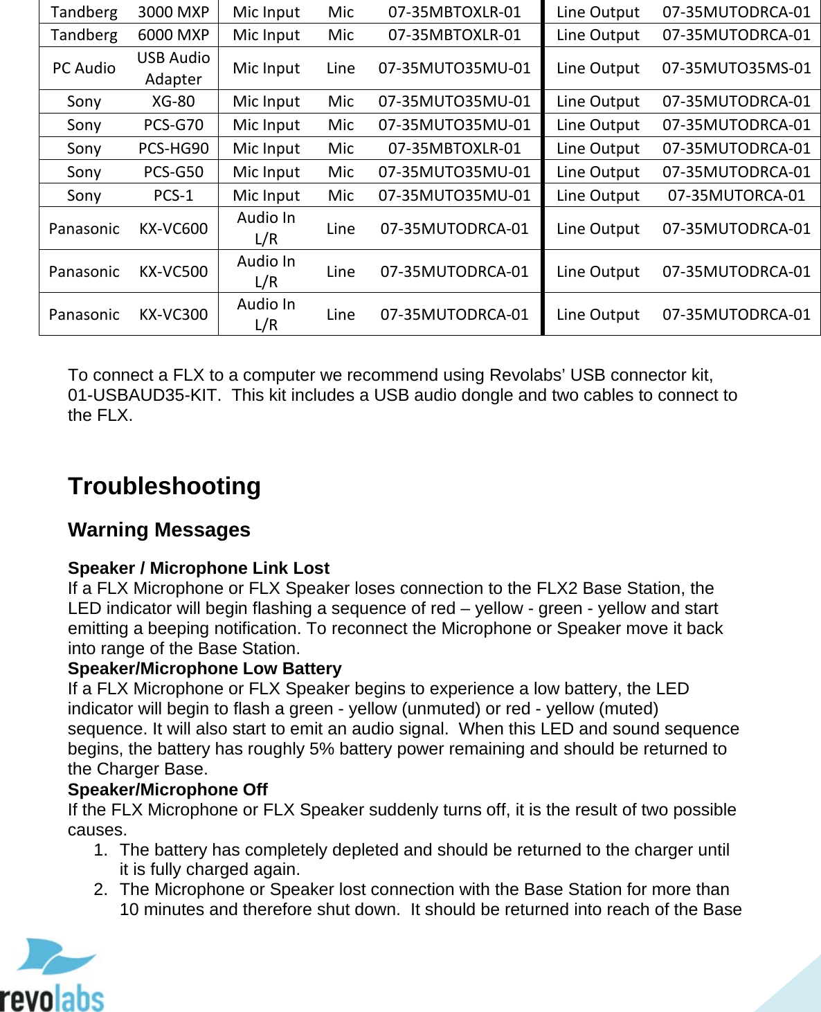 81 Tandberg 3000 MXP Mic Input  Mic 07-35MBTOXLR-01 Line Output 07-35MUTODRCA-01 Tandberg 6000 MXP Mic Input  Mic 07-35MBTOXLR-01 Line Output 07-35MUTODRCA-01 PC Audio USB Audio Adapter Mic Input  Line  07-35MUTO35MU-01 Line Output 07-35MUTO35MS-01 Sony XG-80 Mic Input Mic 07-35MUTO35MU-01 Line Output 07-35MUTODRCA-01 Sony PCS-G70 Mic Input Mic 07-35MUTO35MU-01 Line Output 07-35MUTODRCA-01 Sony PCS-HG90 Mic Input Mic 07-35MBTOXLR-01 Line Output 07-35MUTODRCA-01 Sony PCS-G50 Mic Input Mic 07-35MUTO35MU-01 Line Output 07-35MUTODRCA-01 Sony PCS-1 Mic Input Mic 07-35MUTO35MU-01 Line Output 07-35MUTORCA-01 Panasonic KX-VC600 Audio In L/R Line  07-35MUTODRCA-01  Line Output 07-35MUTODRCA-01 Panasonic KX-VC500 Audio In L/R Line  07-35MUTODRCA-01 Line Output 07-35MUTODRCA-01 Panasonic KX-VC300 Audio In L/R Line  07-35MUTODRCA-01 Line Output 07-35MUTODRCA-01  To connect a FLX to a computer we recommend using Revolabs&rsquo; USB connector kit, 01-USBAUD35-KIT.  This kit includes a USB audio dongle and two cables to connect to the FLX.  Troubleshooting Warning Messages Speaker / Microphone Link Lost If a FLX Microphone or FLX Speaker loses connection to the FLX2 Base Station, the LED indicator will begin flashing a sequence of red &ndash; yellow - green - yellow and start emitting a beeping notification. To reconnect the Microphone or Speaker move it back into range of the Base Station. Speaker/Microphone Low Battery If a FLX Microphone or FLX Speaker begins to experience a low battery, the LED indicator will begin to flash a green - yellow (unmuted) or red - yellow (muted) sequence. It will also start to emit an audio signal.  When this LED and sound sequence begins, the battery has roughly 5% battery power remaining and should be returned to the Charger Base.  Speaker/Microphone Off If the FLX Microphone or FLX Speaker suddenly turns off, it is the result of two possible causes. 1. The battery has completely depleted and should be returned to the charger until it is fully charged again. 2. The Microphone or Speaker lost connection with the Base Station for more than 10 minutes and therefore shut down.  It should be returned into reach of the Base  