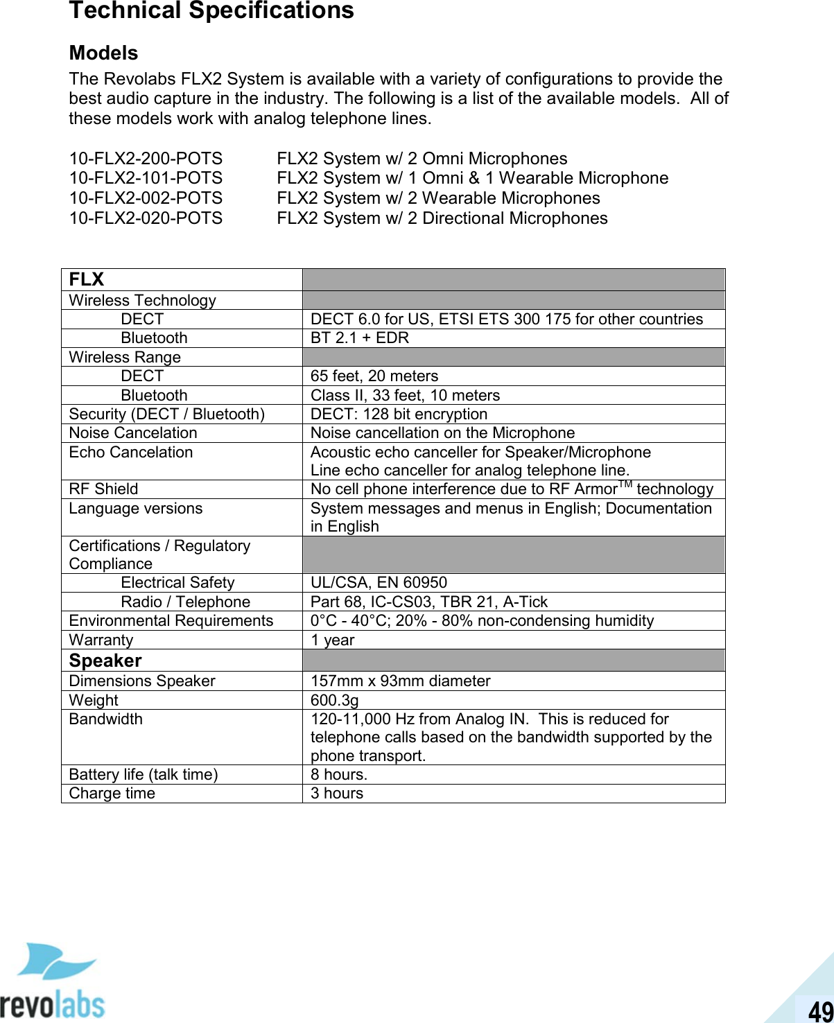  49 Technical Specifications Models The Revolabs FLX2 System is available with a variety of configurations to provide the best audio capture in the industry. The following is a list of the available models.  All of these models work with analog telephone lines.  10-FLX2-200-POTS   FLX2 System w/ 2 Omni Microphones  10-FLX2-101-POTS   FLX2 System w/ 1 Omni &amp; 1 Wearable Microphone 10-FLX2-002-POTS   FLX2 System w/ 2 Wearable Microphones 10-FLX2-020-POTS   FLX2 System w/ 2 Directional Microphones    FLX   Wireless Technology     DECT  DECT 6.0 for US, ETSI ETS 300 175 for other countries   Bluetooth  BT 2.1 + EDR Wireless Range     DECT  65 feet, 20 meters   Bluetooth  Class II, 33 feet, 10 meters Security (DECT / Bluetooth)  DECT: 128 bit encryption Noise Cancelation  Noise cancellation on the Microphone Echo Cancelation  Acoustic echo canceller for Speaker/Microphone Line echo canceller for analog telephone line. RF Shield  No cell phone interference due to RF ArmorTM technology Language versions  System messages and menus in English; Documentation in English Certifications / Regulatory Compliance    Electrical Safety  UL/CSA, EN 60950   Radio / Telephone  Part 68, IC-CS03, TBR 21, A-Tick Environmental Requirements  0&deg;C - 40&deg;C; 20% - 80% non-condensing humidity Warranty  1 year Speaker   Dimensions Speaker  157mm x 93mm diameter Weight  600.3g  Bandwidth  120-11,000 Hz from Analog IN.  This is reduced for telephone calls based on the bandwidth supported by the phone transport. Battery life (talk time)  8 hours. Charge time  3 hours    
