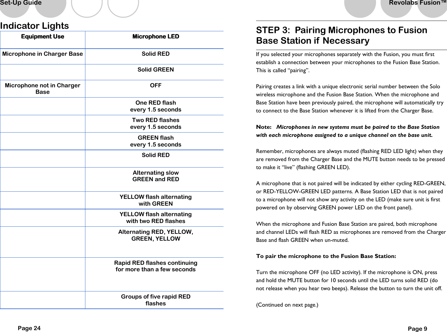 Indicator Lights Equipment UseEquipment UseEquipment UseEquipment Use     Microphone LEDMicrophone LEDMicrophone LEDMicrophone LED    Microphone in Charger Base    Solid RED   Solid GREEN Microphone not in Charger Base   OFF   Two RED flashes  every 1.5 seconds   GREEN flash  every 1.5 seconds   Solid RED   Alternating slow  GREEN and RED   YELLOW flash alternating  with GREEN   YELLOW flash alternating  with two RED flashes   Alternating RED, YELLOW,  GREEN, YELLOW   Rapid RED flashes continuing  for more than a few seconds   Groups of five rapid RED  flashes   One RED flash  every 1.5 seconds Page 24 Set-Up Guide STEP 3:  Pairing Microphones to Fusion Base Station if Necessary If you selected your microphones separately with the Fusion, you must first establish a connection between your microphones to the Fusion Base Station.  This is called &ldquo;pairing&rdquo;.    Pairing creates a link with a unique electronic serial number between the Solo wireless microphone and the Fusion Base Station. When the microphone and Base Station have been previously paired, the microphone will automatically try to connect to the Base Station whenever it is lifted from the Charger Base.  Note:   Microphones in new systems must be paired to the Base Station with each microphone assigned to a unique channel on the base unit.  Remember, microphones are always muted (flashing RED LED light) when they are removed from the Charger Base and the MUTE button needs to be pressed to make it &ldquo;live&rdquo; (flashing GREEN LED).   A microphone that is not paired will be indicated by either cycling RED-GREEN, or RED-YELLOW-GREEN LED patterns. A Base Station LED that is not paired to a microphone will not show any activity on the LED (make sure unit is first powered on by observing GREEN power LED on the front panel).   When the microphone and Fusion Base Station are paired, both microphone and channel LEDs will flash RED as microphones are removed from the Charger Base and flash GREEN when un-muted.   To pair the microphone to the Fusion Base Station:  Turn the microphone OFF (no LED activity). If the microphone is ON, press and hold the MUTE button for 10 seconds until the LED turns solid RED (do not release when you hear two beeps). Release the button to turn the unit off.  (Continued on next page.) Page 9 Revolabs Fusion&trade;  