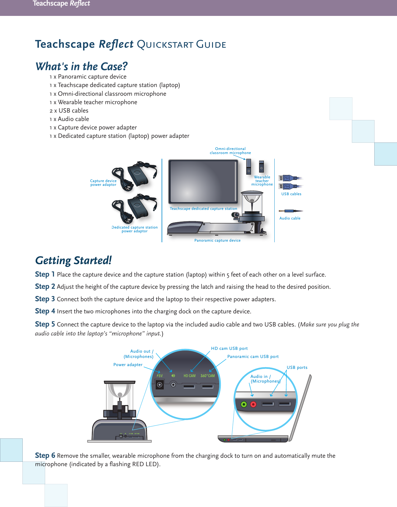 Teachscape ReectTeachscape Reflect Quickstart Guide  What's in the Case?1 x Panoramic capture device1 x Teachscape dedicated capture station (laptop)1 x Omni-directional classroom microphone1 x Wearable teacher microphone2 x USB cables1 x Audio cable1 x Capture device power adapter1 x Dedicated capture station (laptop) power adapterGetting Started!Step 1 Place the capture device and the capture station (laptop) within 5 feet of each other on a level surface.Step 2 Adjust the height of the capture device by pressing the latch and raising the head to the desired position.Step 3 Connect both the capture device and the laptop to their respective power adapters.Step 4 Insert the two microphones into the charging dock on the capture device. Step 5 Connect the capture device to the laptop via the included audio cable and two USB cables. (Make sure you plug the audio cable into the laptop&rsquo;s &ldquo;microphone&rdquo; input.)Step 6 Remove the smaller, wearable microphone from the charging dock to turn on and automatically mute the microphone (indicated by a ashing RED LED).Audio cableDedicated capture stationpower adaptorPanoramic capture deviceOmni-directionalclassroom microphoneWearableteachermicrophoneTeachscape dedicated capture stationUSB cablesDedicatedcapiddCapture devicepower adaptorPower adapterAudio out /(Microphones)HD cam USB portPanoramic cam USB portAudio in /(Microphones)USB ports