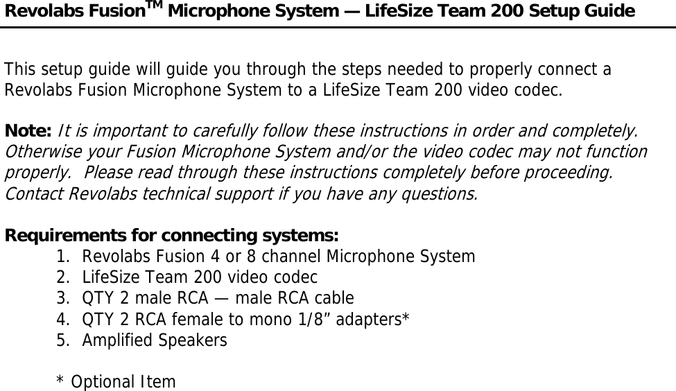 Revolabs Microphone 200 Users Manual Fusion LifeSize Team Setup Guide