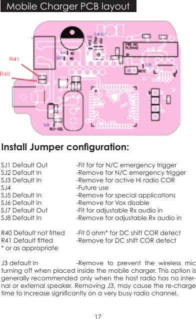 17Install Jumper conguration:SJ1 Default Out  -Fit for for N/C emergency triggerSJ2 Default In  -Remove for N/C emergency triggerSJ3 Default In  -Remove for active Hi radio CORSJ4      -Future useSJ5 Default In  -Remove for special applicationsSJ6 Default In  -Remove for Vox disableSJ7 Default Out  -Fit for adjustable Rx audio inSJ8 Default In  -Remove for adjustable Rx audio inR40 Default not tted  -Fit 0 ohm* for DC shift COR detectR41 Default tted  -Remove for DC shift COR detect* or as appropriateJ3 default In   -Remove to prevent the wireless mic turning off when placed inside the mobile charger. This option is generally recommended only when the host radio has no inter-nal or external speaker. Removing J3, may cause the re-charge time to increase signicantly on a very busy radio channel.Mobile Charger PCB layout