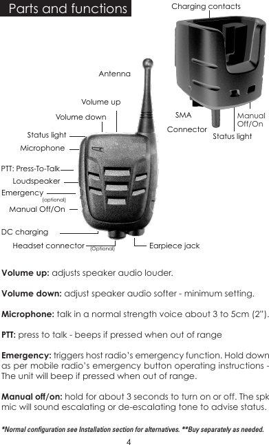 AntennaManual Off/OnEmergency PTT: Press-To-TalkVolume upVolume downHeadset connector  (Optional)   Earpiece jackDC chargingMicrophoneLoudspeakerParts and functionsVolume up: adjusts speaker audio louder.Volume down: adjust speaker audio softer - minimum setting.Microphone: talk in a normal strength voice about 3 to 5cm (2”). PTT: press to talk - beeps if pressed when out of rangeEmergency: triggers host radio’s emergency function. Hold down as per mobile radio’s emergency button operating instructions - The unit will beep if pressed when out of range.Manual off/on: hold for about 3 seconds to turn on or off. The spk mic will sound escalating or de-escalating tone to advise status.*Normal conguration see Installation section for alternatives. **Buy separately as needed.Status light(optional)Status lightManualOff/OnCharging contacts4ConnectorSMA