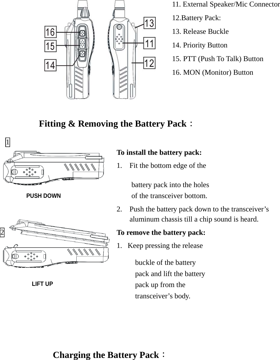 11. External Speaker/Mic Connector12.Battery Pack:13. Release Buckle14. Priority Button15. PTT (Push To Talk) Button16. MON (Monitor) ButtonFitting &amp; Removing the Battery Pack：To install the battery pack:1. Fit the bottom edge of the    battery pack into the holes   of the transceiver bottom.2. Push the battery pack down to the transceiver’saluminum chassis till a chip sound is heard.To remove the battery pack:1.   Keep pressing the release  buckle of the battery pack and lift the batterypack up from the transceiver’s body.Charging the Battery Pack：1LIFT UP2PUSH DOWN