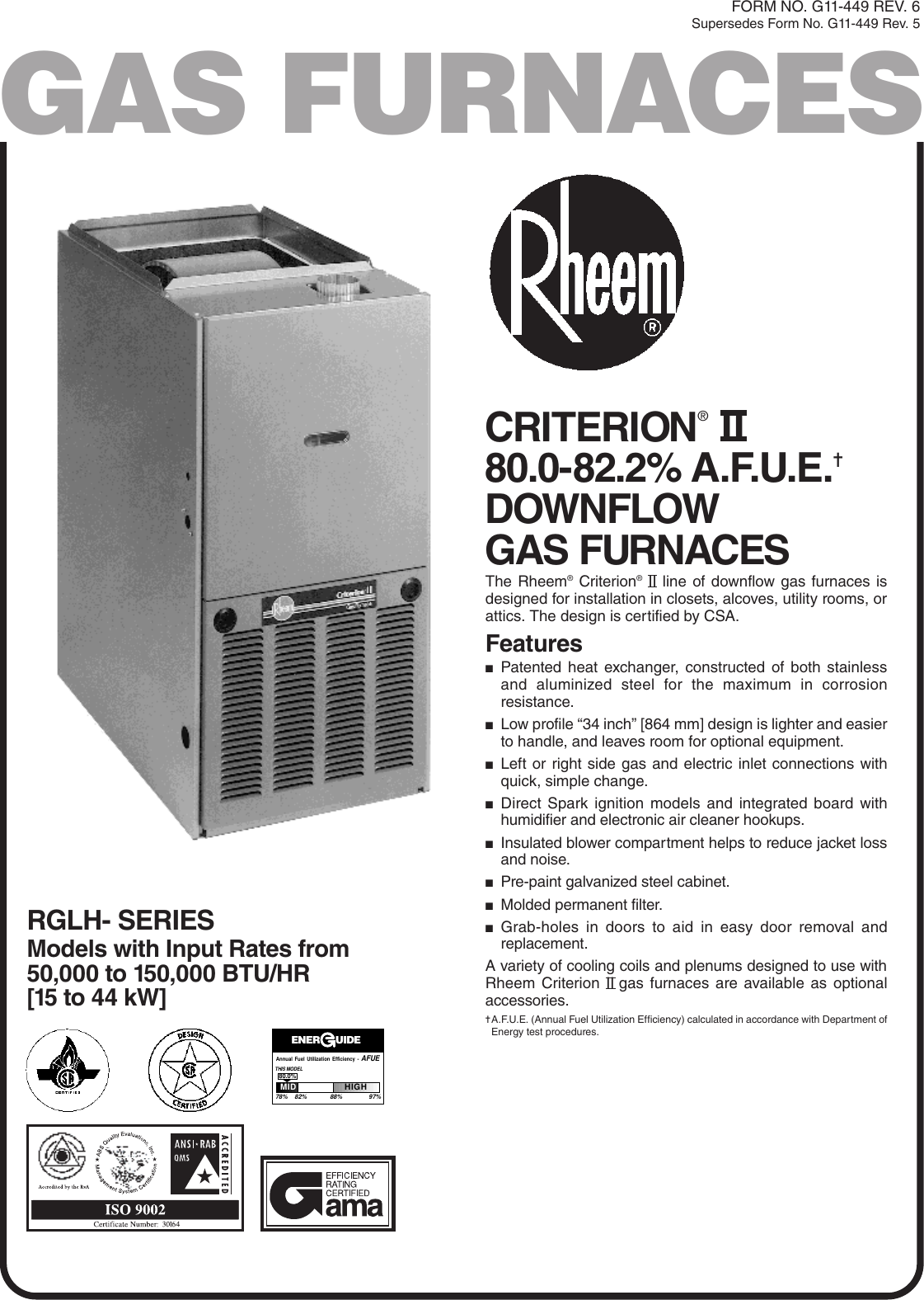 Page 1 of 8 - Rheem Rheem-05Eauer-Users-Manual- Specification Sheet G11-449 Rev. 6  Rheem-05eauer-users-manual