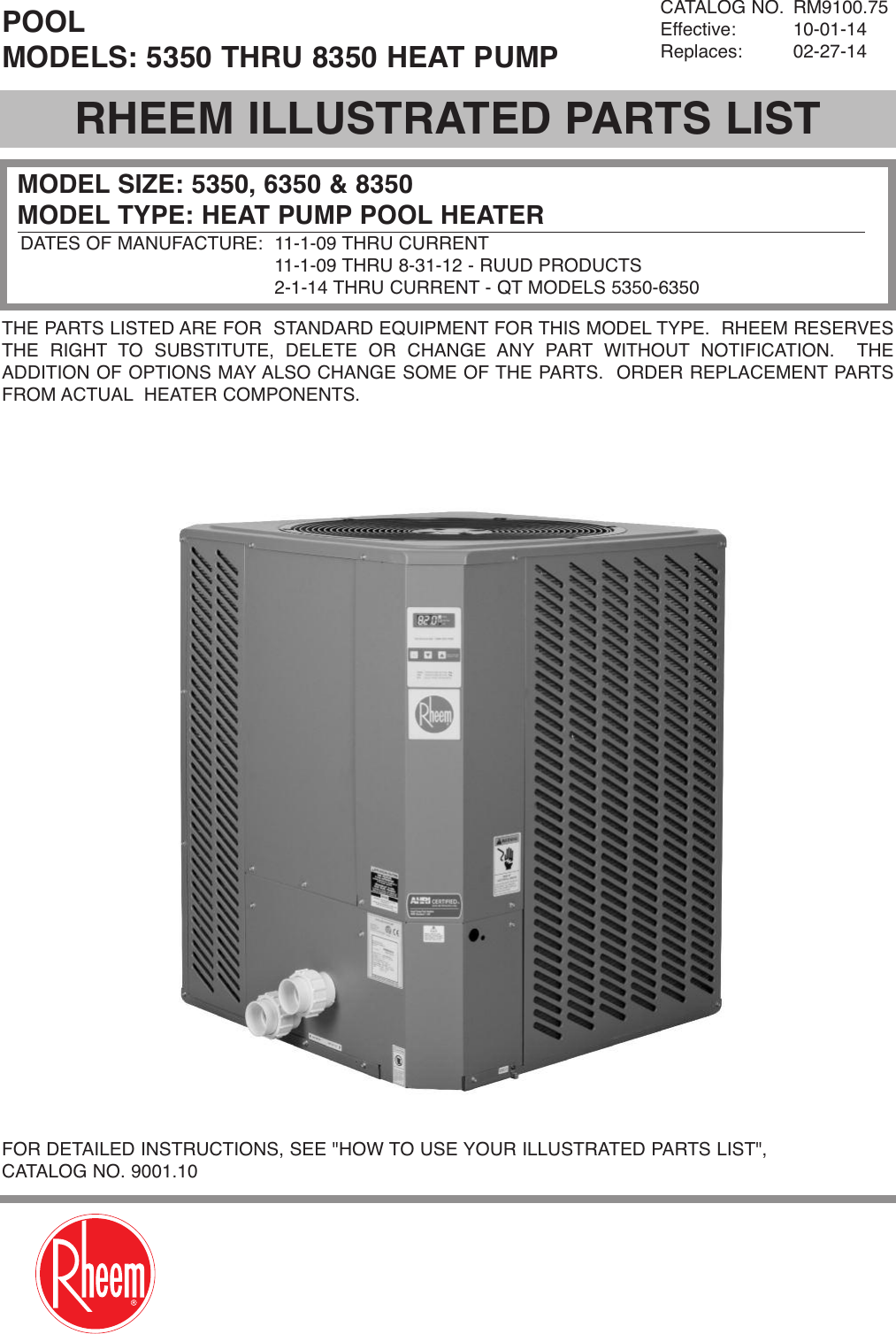 Page 1 of 8 - Rheem Rheem-Classic-Heat-Pump-Pool-Heaters-Parts-List- 9100.21(130A)  Rheem-classic-heat-pump-pool-heaters-parts-list