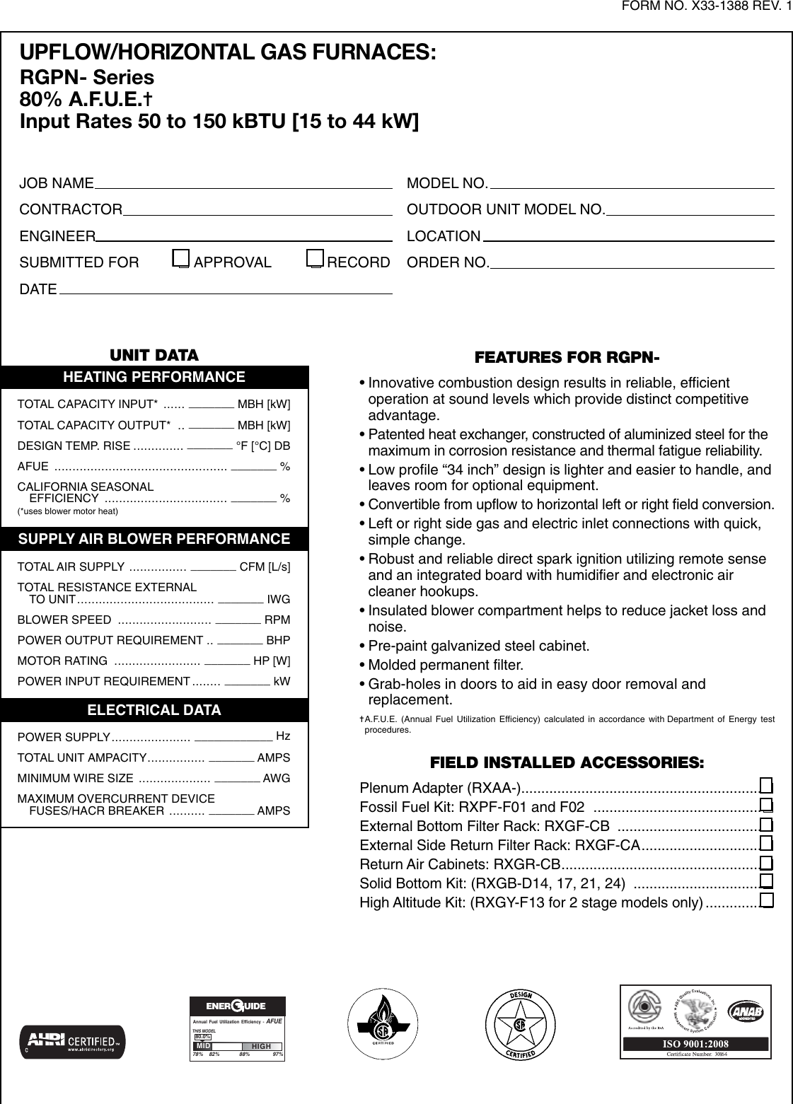 Rheem Classic Series 80 Afue Single Stage Psc Motor Submittal Sheet