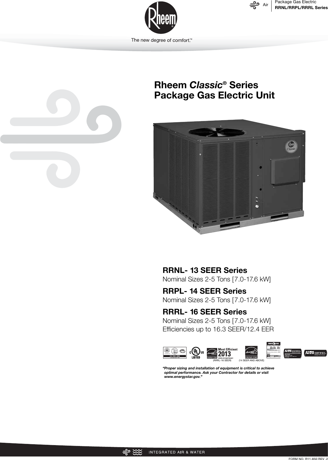 Rheem Classic Series Package Gas Electric Specification Sheet