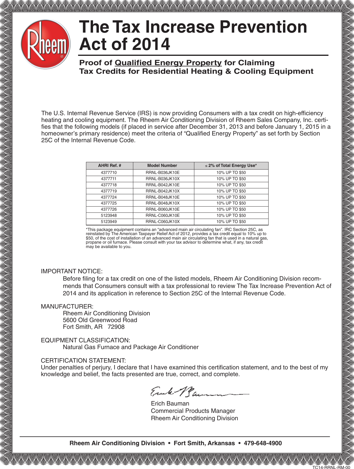 Page 1 of 1 - Rheem Rheem-Classic-Series-Package-Gas-Electric-Tax-Credit-Form- RHE TC13-RRNL-RM-00 Rheem-classic-series-package-gas-electric-tax-credit-form